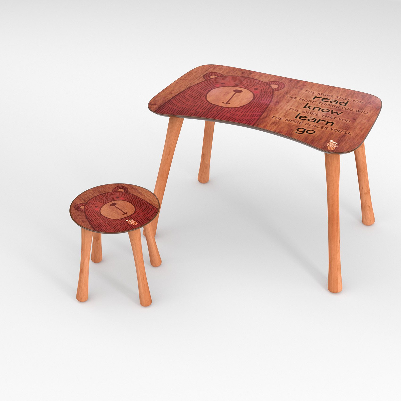 ANRO Kindertisch PopCorn Kinder Hocker und Tisch Set mit Motiv (10-St., Tisch mit Stuhl/ Hocker), Spannendes Kindermotiv The Bear Braun