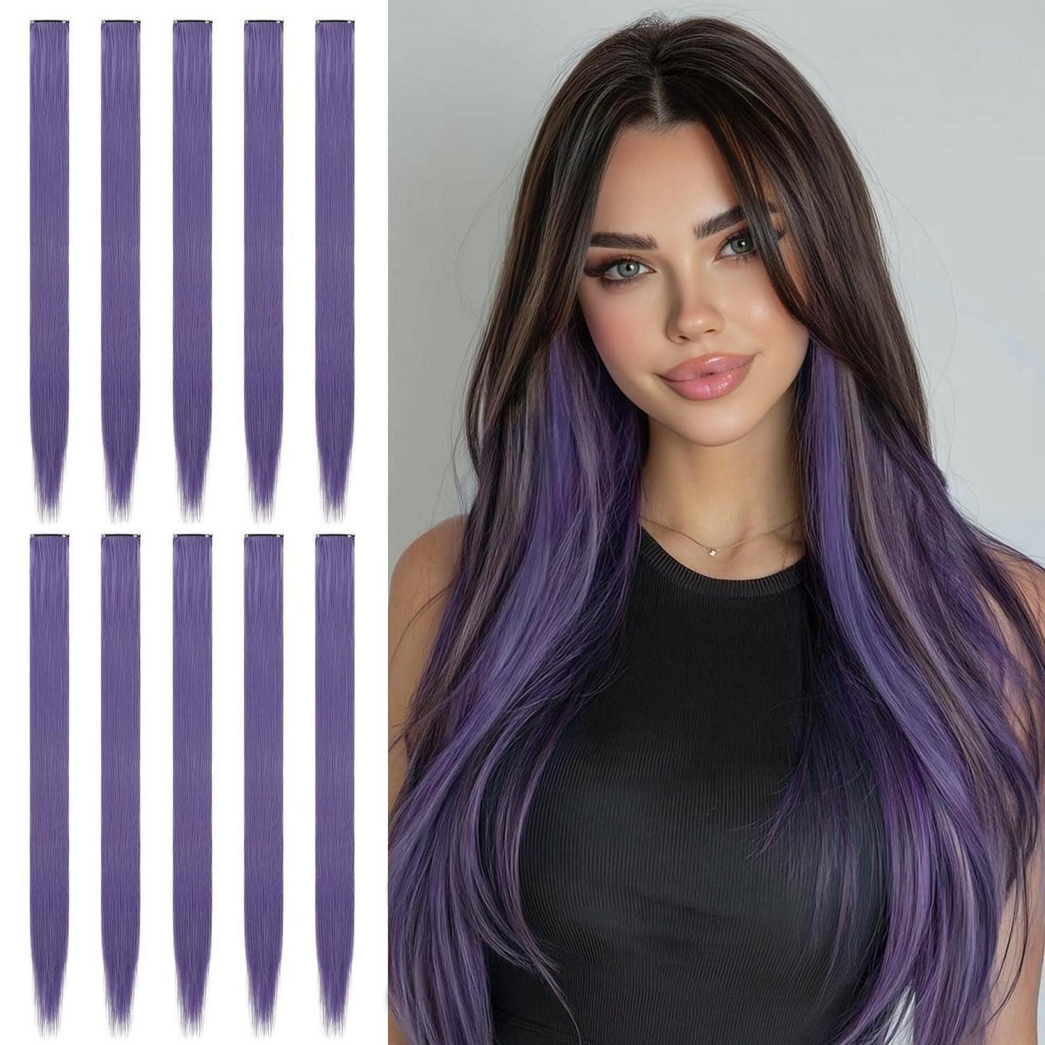 LuxusKollektion Kunsthaar-Extension Haarverlängerung Clipin 56 cm 10 Stück mehrfarbig lila grau Purpurgrau