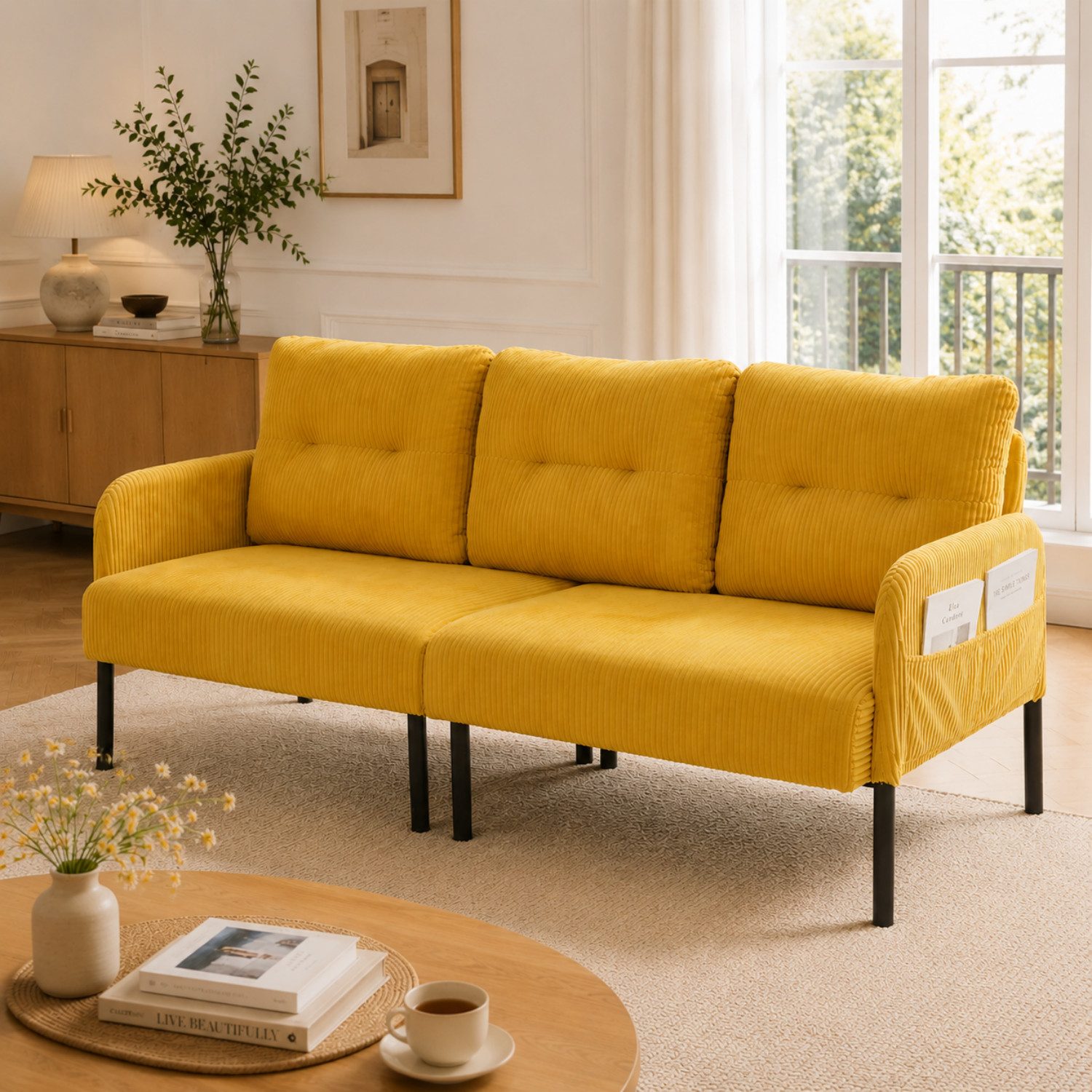 ANYSUN 3-Sitzer Cord Sofa,Wohnzimmer Couch,Fernsehsofa Stabile Metallfüße, hoher Rückenlehne und praktischen Seitentaschen.ergonomisch, für Wohnzimmer,Schlafzimmer oder Homeoffice.Gästebereich,Arbeitszimmer