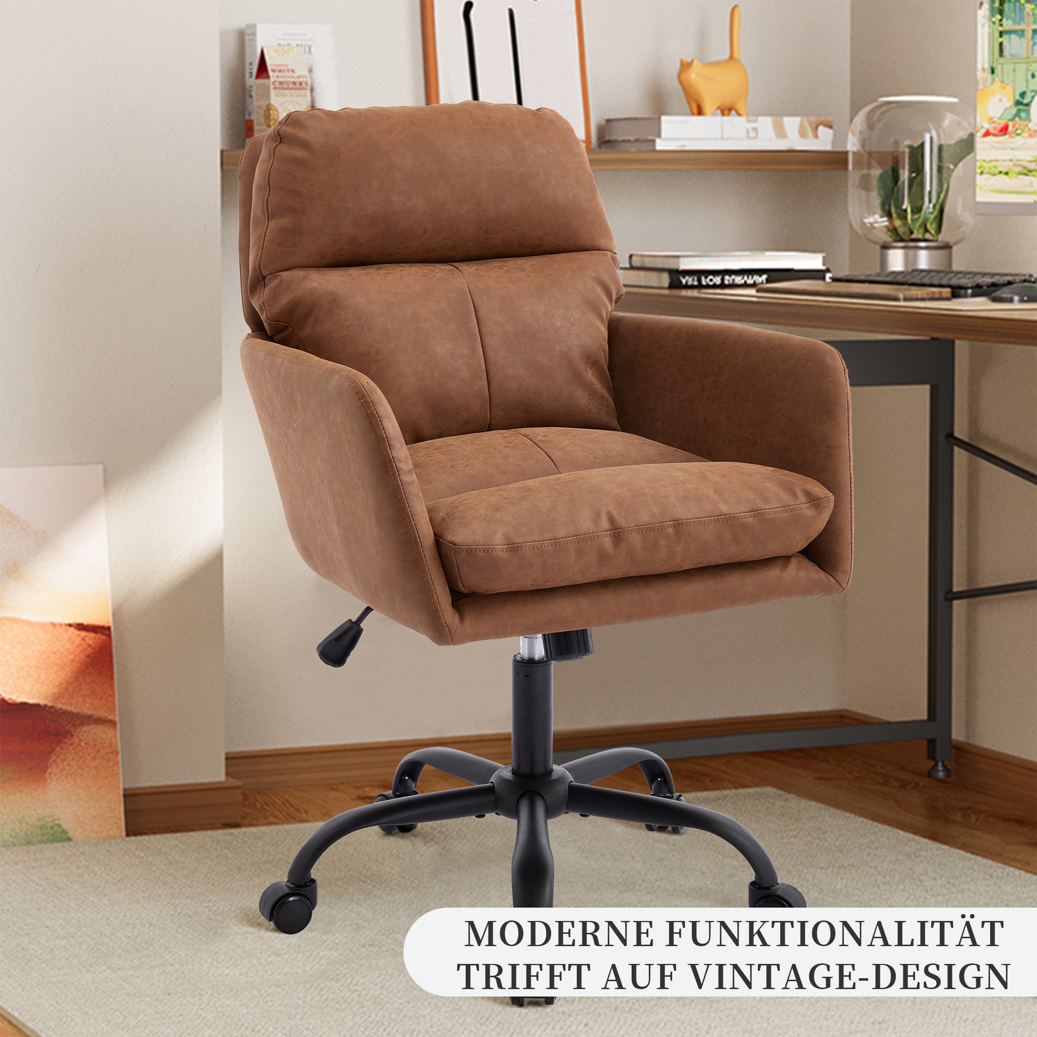 SeedWave Bürostuhl im Vintage Used-Look Höhenverstellbarer Drehstuhl mit PU-Lederbezug, 49cm Sitzbreite, Retro Schreibtischstuhl für Büro und Homeoffice