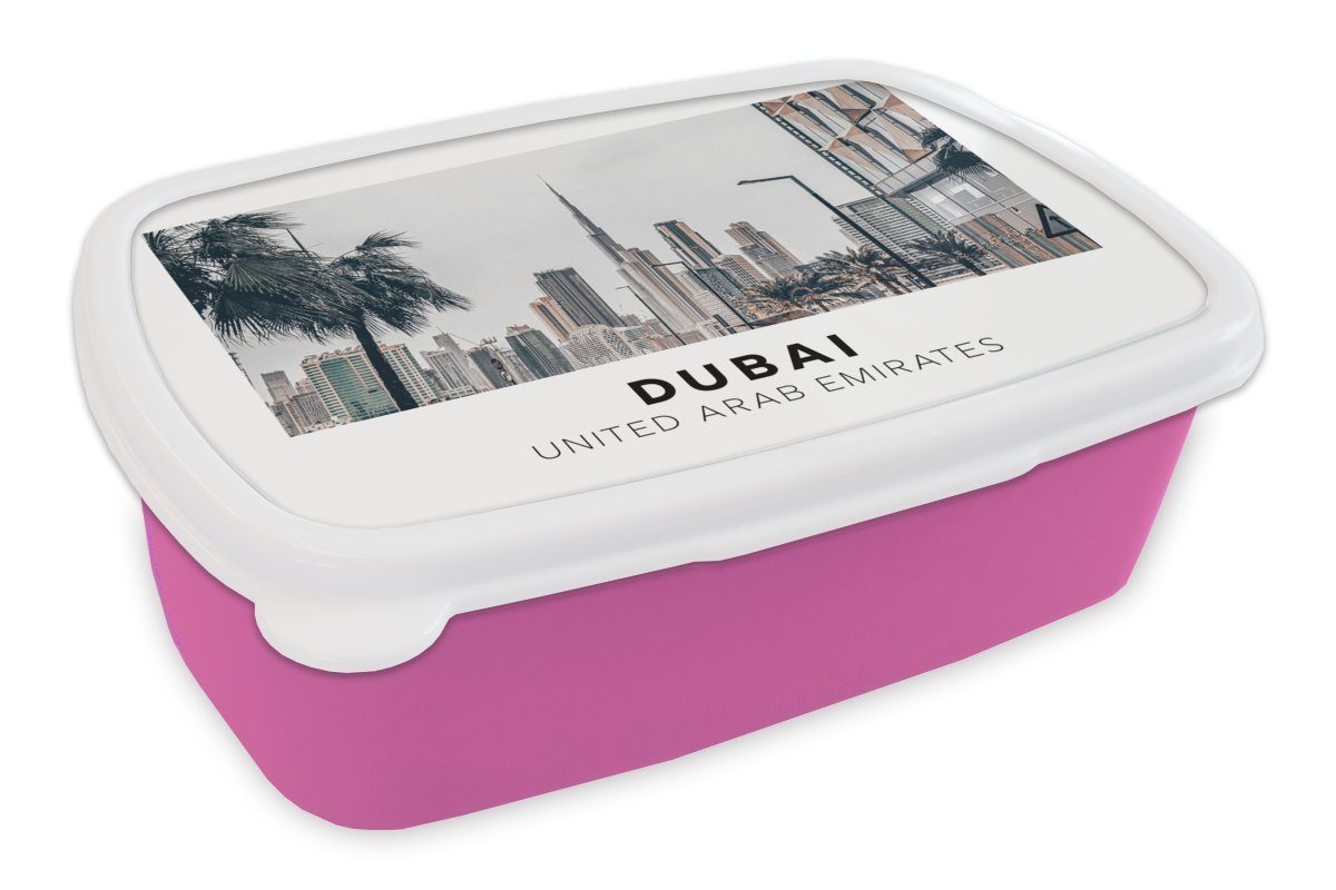 MuchoWow Lunchbox Dubai - Skyline - Palme, Kunststoff, (2-tlg), Brotbox für Erwachsene, Brotdose Kinder, Snackbox, Mädchen, Kunststoff rosa