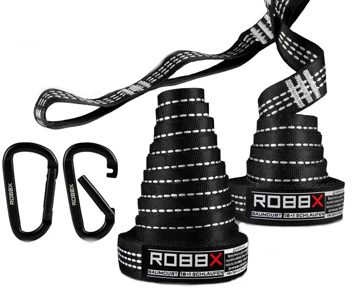 ROBBX Hängematte ROBBX® Hängematten Befestigungsset 300x2,5 cm + Schwerlast-Karabiner
