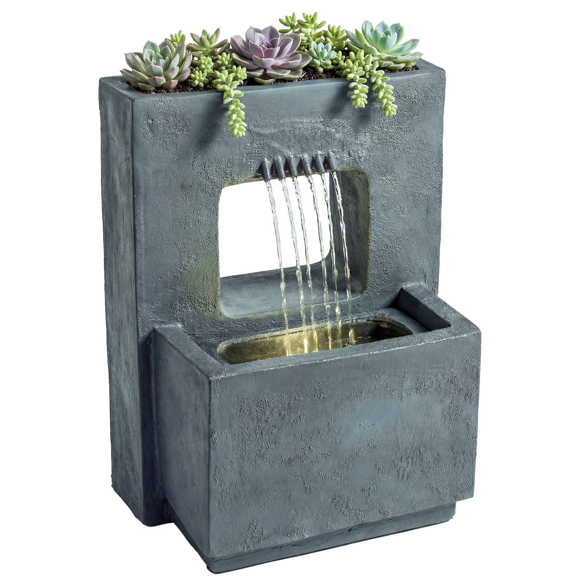 Outsunny Gartenbrunnen mit LED Beleuchtung, Pflanzkübel, Pumpe, Steinoptik, 45 cm Breite, Wasserbecken BxT: 31.5x31.5 cm, (Springbrunnen, 1 tlg., Zimmerbrunnen), für Garten Rasen 45 x 31,5 x 58,5 cm