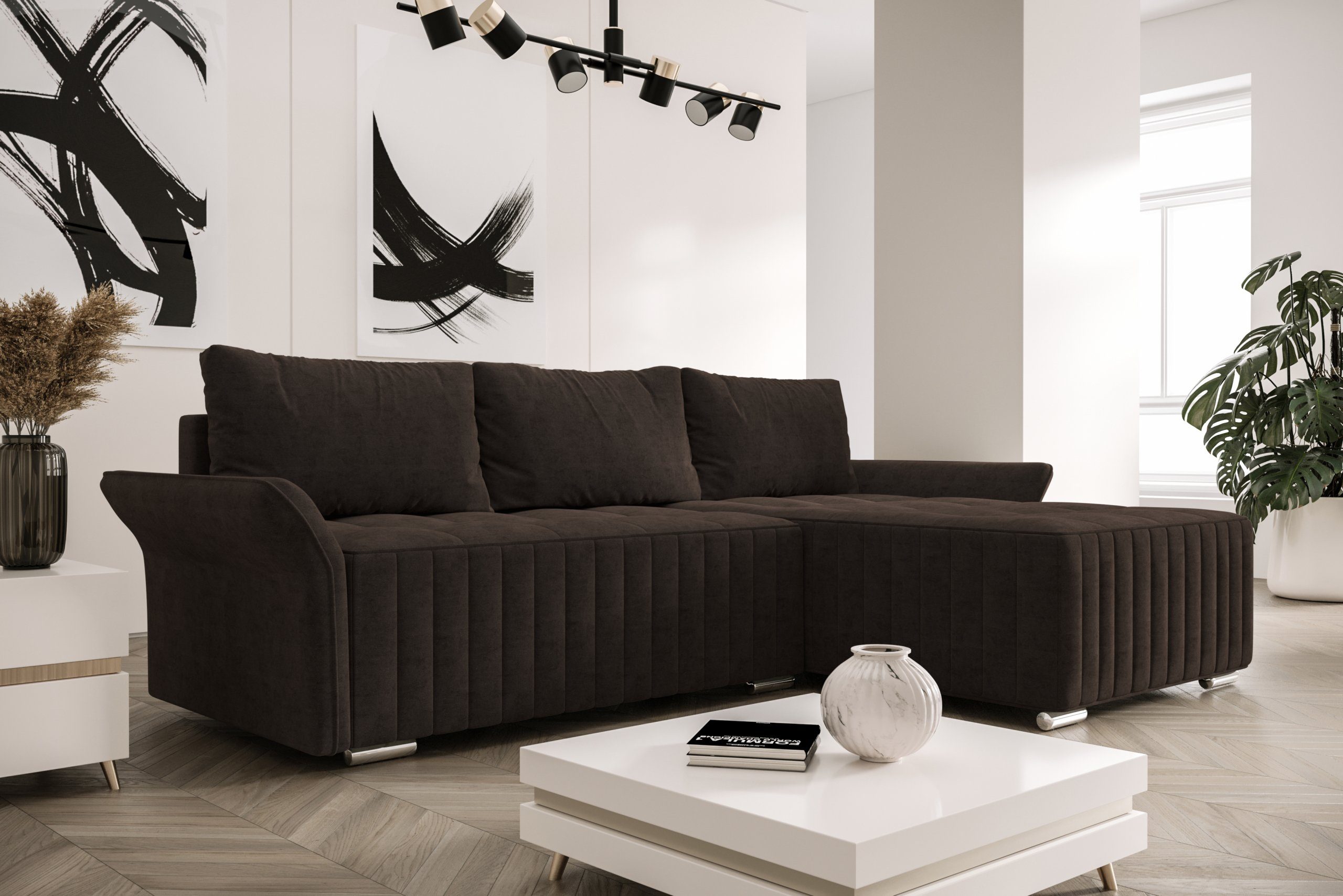 ROYAL24_MARKT Ecksofa Elegante Komfortzone Moderne Ecksofas, Flexibles Wohn-Set, Moderner Stil, Ausklapp-Automat, Rückenkissen inklusive Dunkelbraun