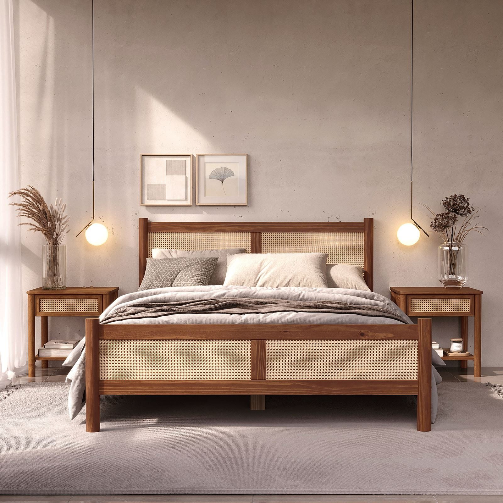 IDIMEX Massivholzbett CEFIRA, Doppelbett 160x200 cm aus Massivholz & Rattangeflecht Kastanie Finish