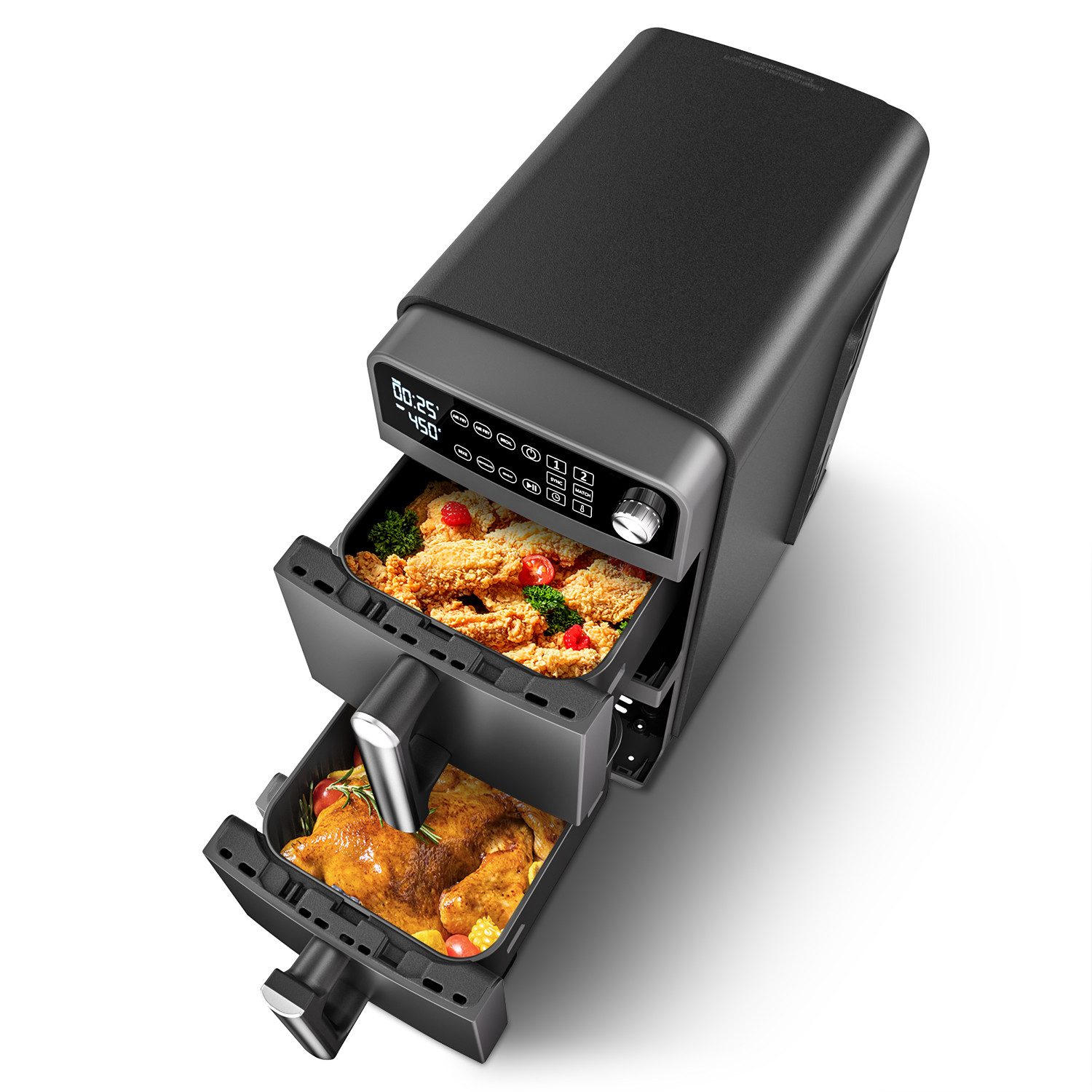 WILGOON Heißluftfritteuse Airfryer XXL Dual Zone, 2 vertikale Schubladen, 4 Kochstufen, 2600,00 W, 10 L Heißluftfritteuse, 32% platzsparender, Sync und Match-Funktion