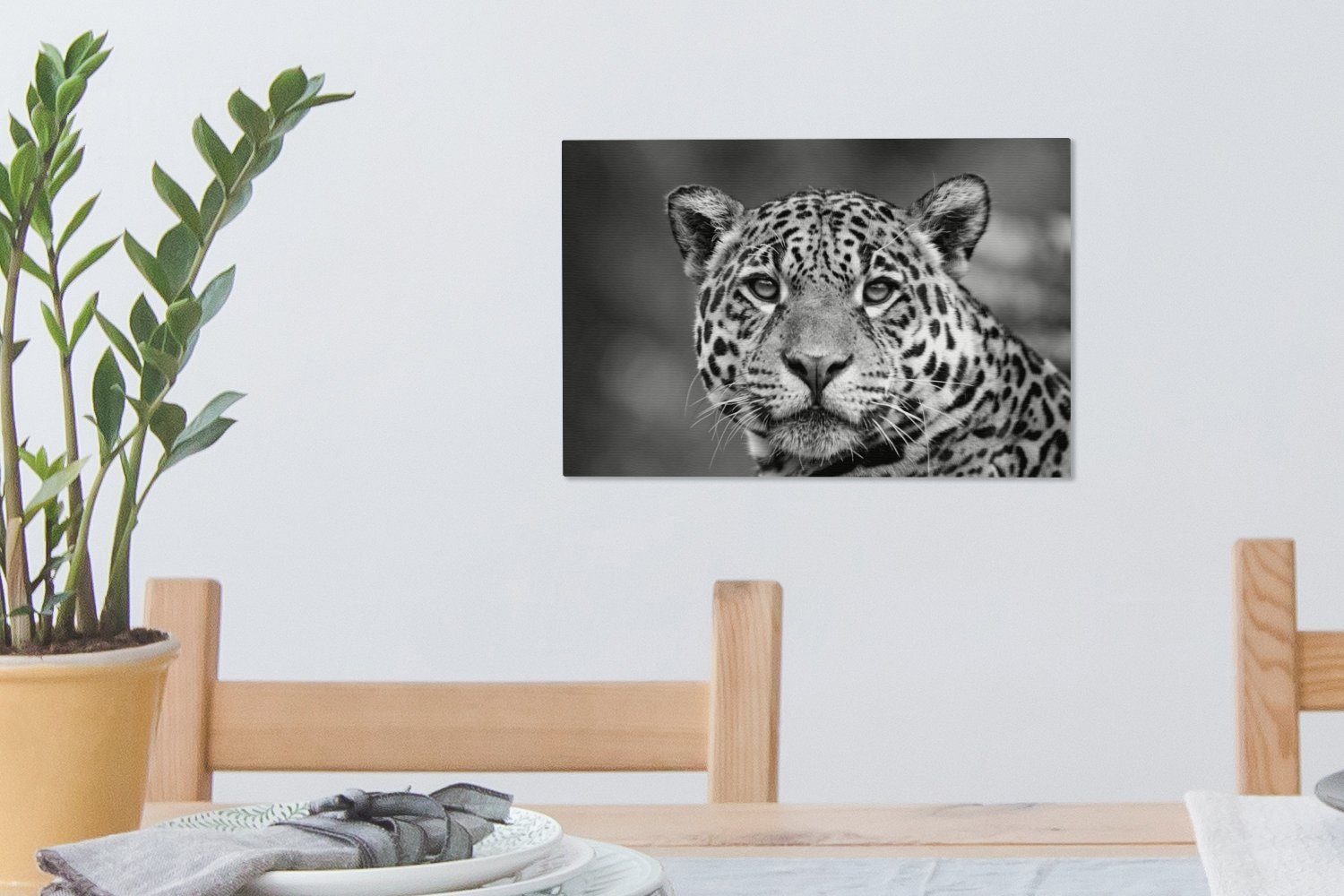 Leinwandbild cm schwarz Leinwandbilder, 30x20 - St), bunt Aufhängefertig, Wanddeko, weiß, Nahaufnahme (1 Wandbild Leopard und OneMillionCanvasses®