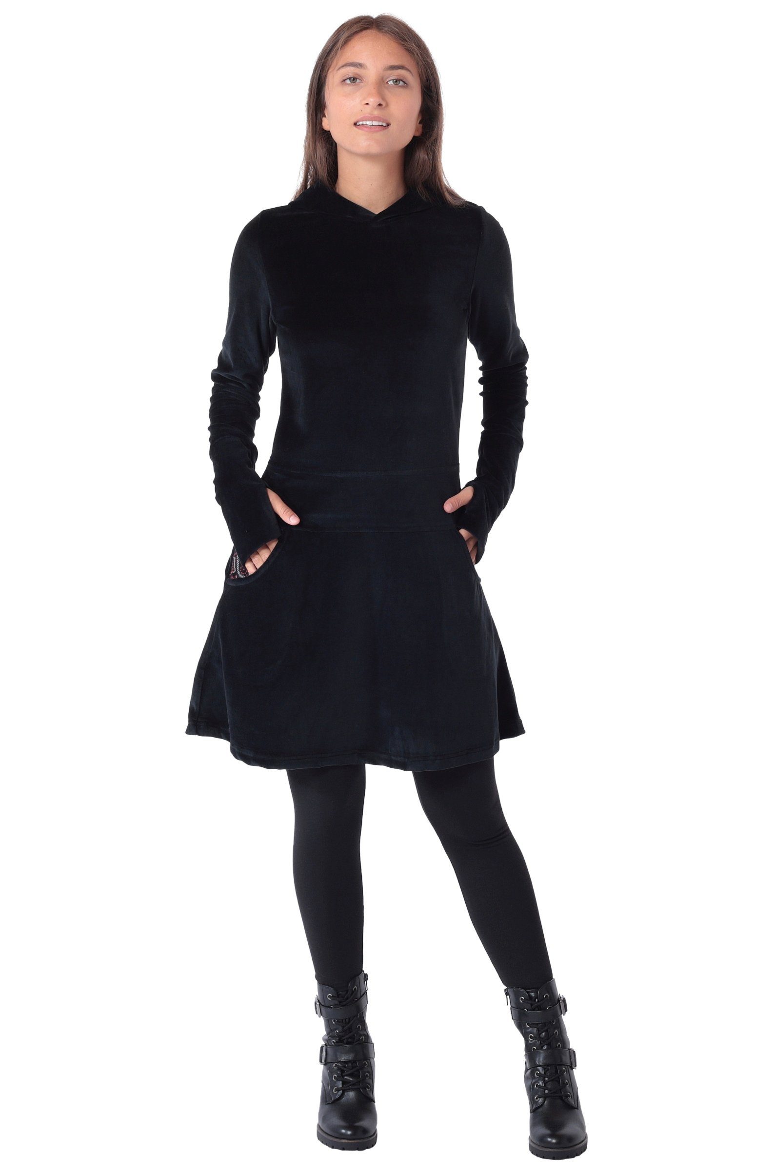 PUREWONDER Samtkleid Alternatives Kleid aus Samt mit Kapuze Nr. 137 Schwarz M Winterkleid