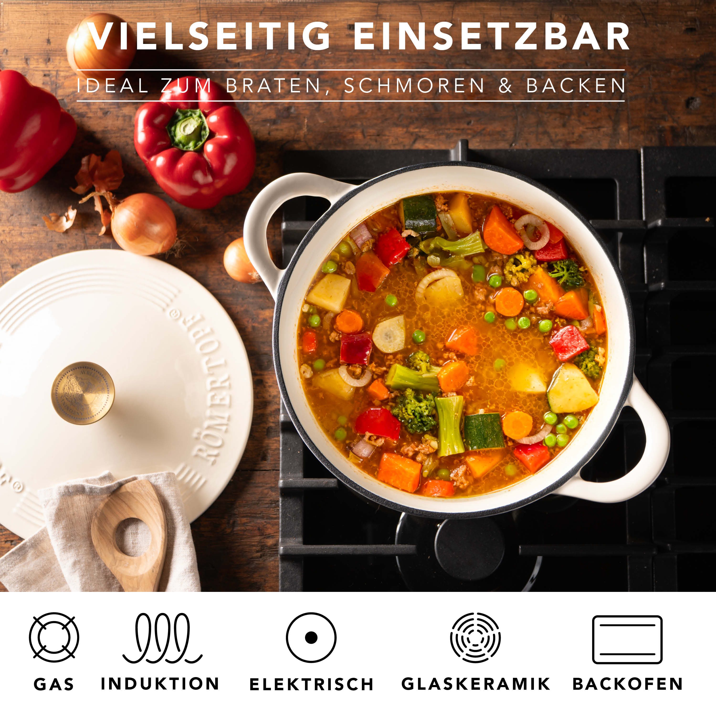 RÖMERTOPF Bratentopf Gusseisen Topf 24cm Creme, Gusseisen (Set, 2-tlg., Set mit Deckel), Backofengeeignet Induktionsgeeignet Zum Braten, Schmoren, Kochen