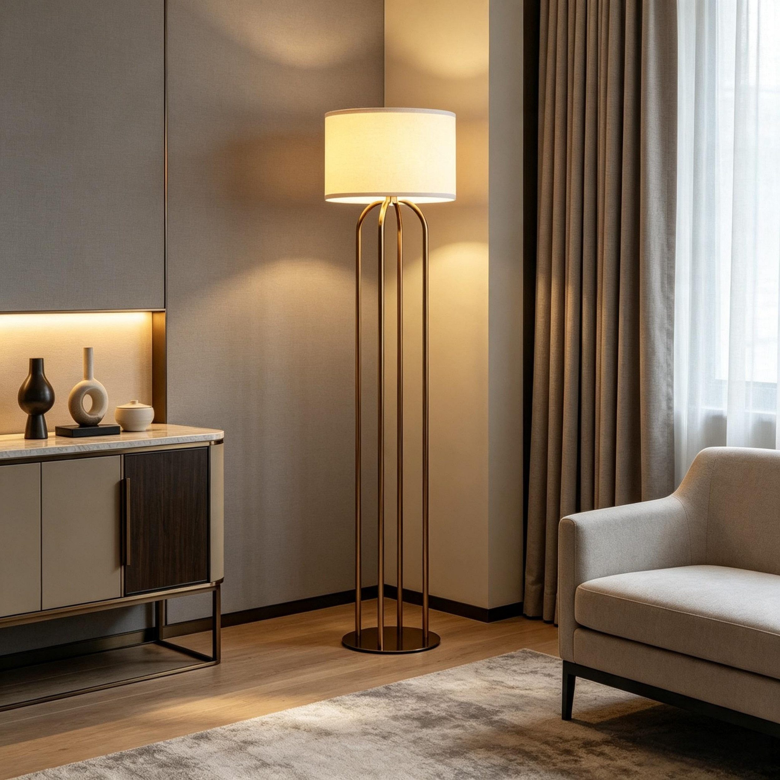 LOHAS-LED LED Stehlampe LED Stehlampe, LED Stehlampe – Mit vier goldenen Säulen und einem Beige-Linnenumbrell
