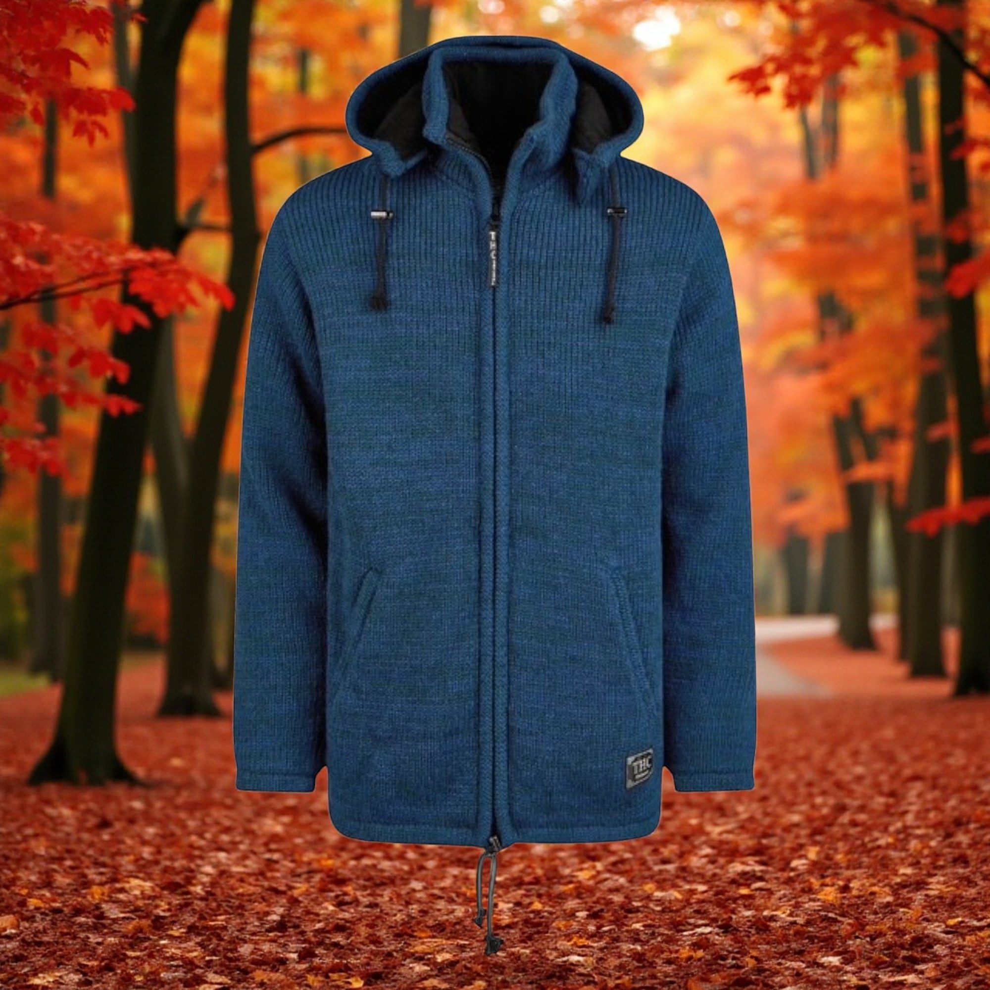 THC Natural Line Strickjacke THC Schafwollstrickjacke blau 625 (1 Stück, 1-tlg., 1 Stück) abnehmbare Kapuze