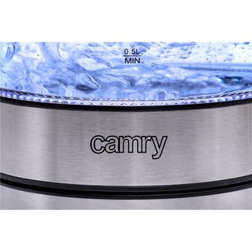 Camry Wasserkocher CR 1239 großer Wasserkocher 1,7 L Edelstahl-Glas, 2000 Watt, LED beleuchtet, für 6-7 Personen, grau/schwarz