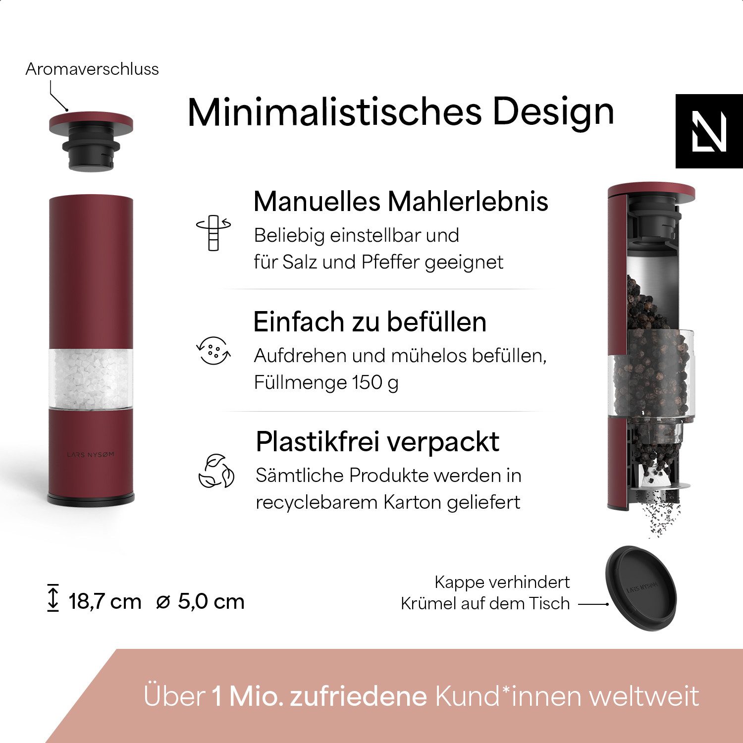 LARS NYSØM Gewürzmühle Lagom manuelle Bedienung, (2 Stück), Edelstahl Gewürzmühlenset mit Keramikmahlwerk (Stufenlos) – Bild 4 von 5