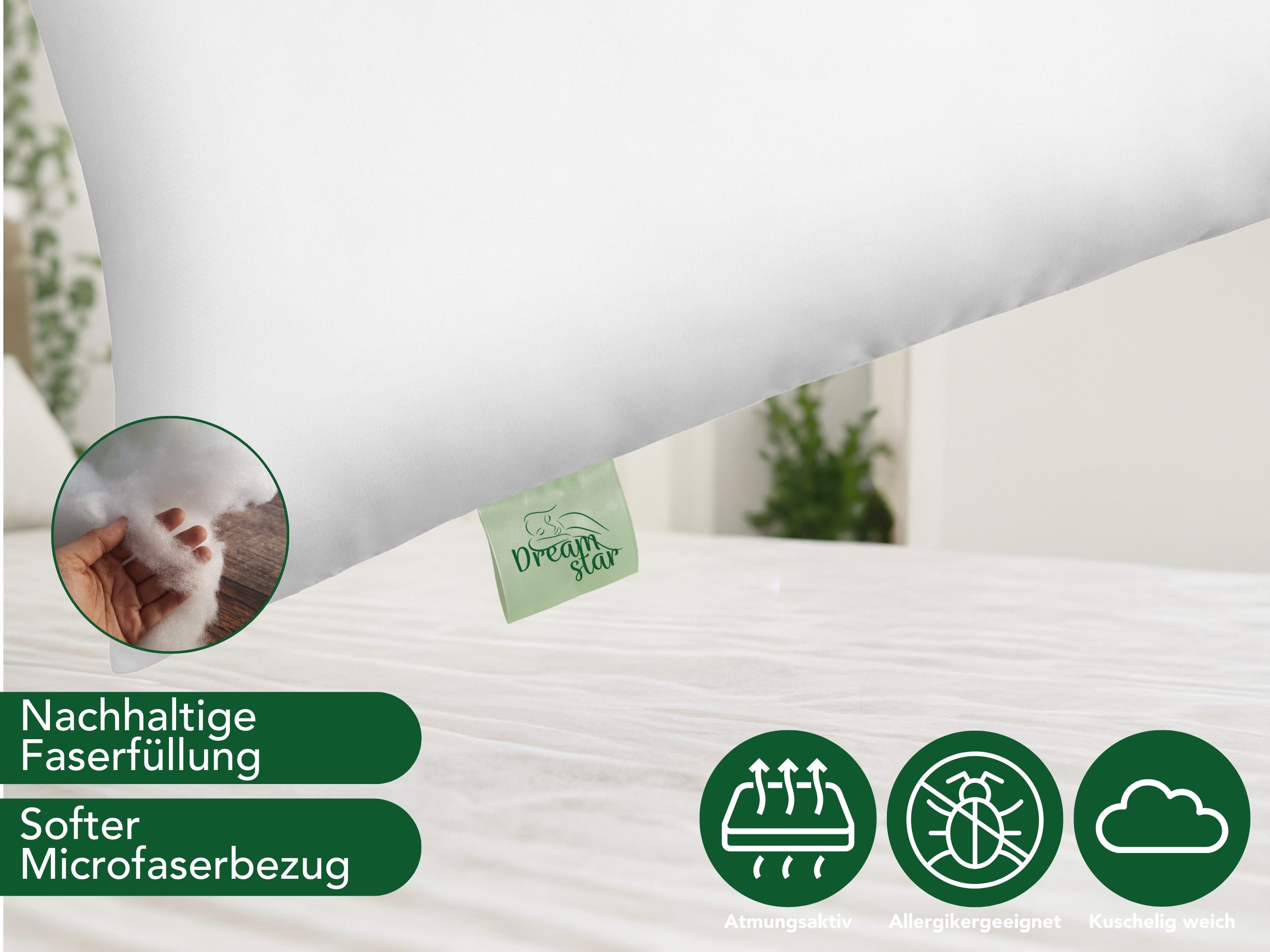Dreamstar Microfaserkissen Kopfkissen Dekokissen - einzeln, 2er & 4er Set - 80x80 & 40x80 cm, Füllung: Faserfüllung, Seitenschläfer, Rückenschläfer, Bauchschläfer, Set, 2-tlg., waschbar - allergikerfreundlich - entwickelt in Deutschland