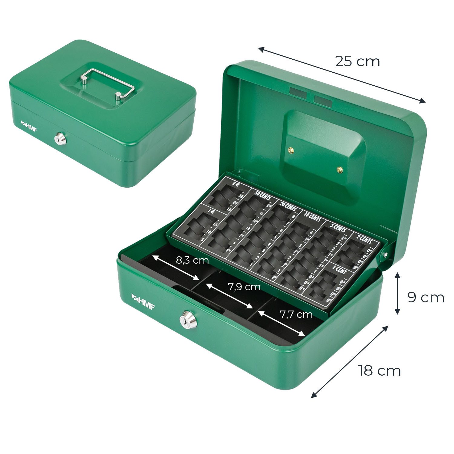 HMF Geldkassette Bargeldkasse mit herausnehmbarem Münzzählbrett und Scheinfach, Geldbox mit Schlüssel, 25 x 18 x 9 cm, grün – Bild 5 von 5