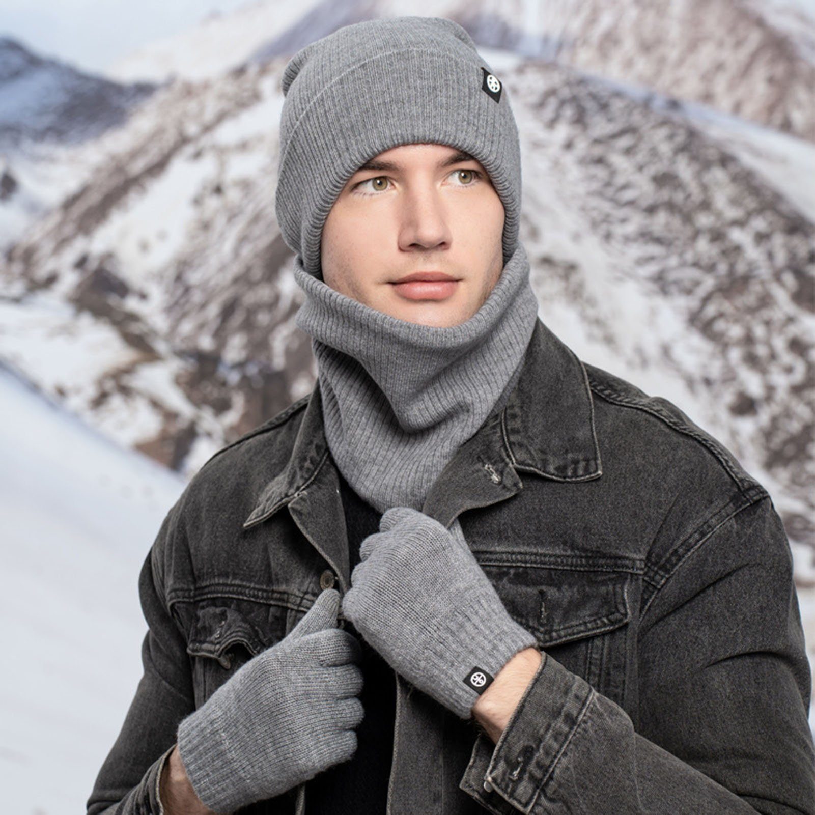 Warme Strickmütze Rutaqian Rutschfeste Winter-Set) Schal Handschuhe Unisex Knit Winterschal Hut Handschuhe Thermo Beanie (3-in-1 Loop Schlupfmütze