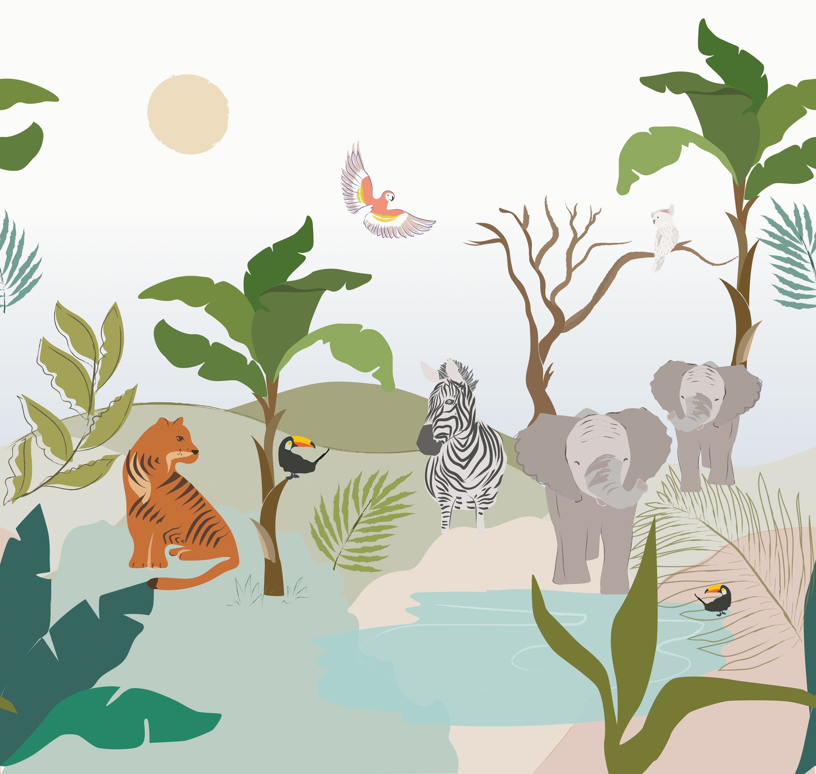 Rasch Fototapete Jungle Animals in Grün, Roomblush - RB358, glatt, Comic, tropisch, (1 St)