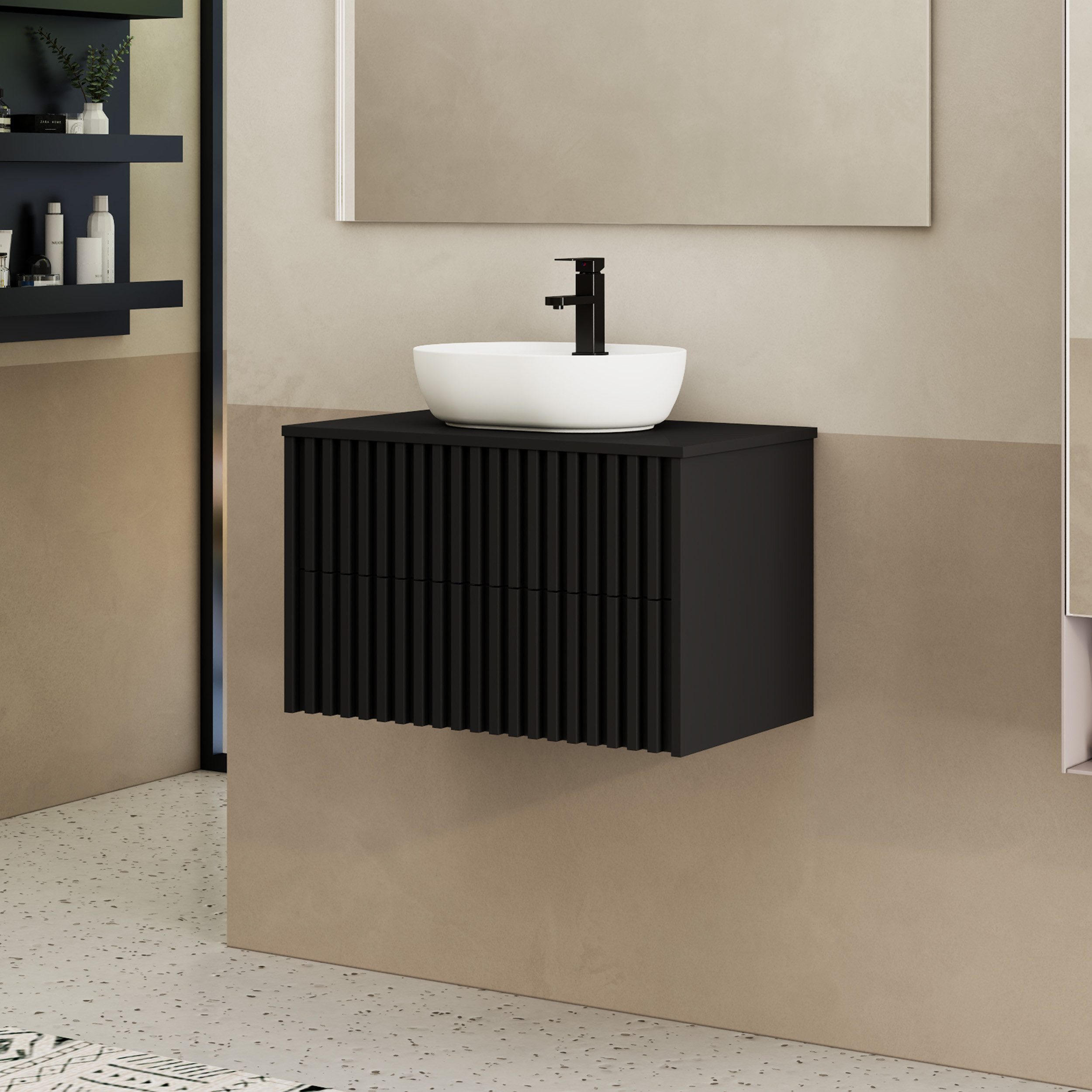 UEV Waschtisch mit Unterschrank hängend Ovales Keramikwaschbecken (Komplett-Set Badmöbel, Badezimmmer Schrank, mit Wasserhahn und Pop-up-Ablassventil Aufsatz-Waschbecken), Soft-close Schubladen,Waschbeckenunterschrank mit 2 Schubladen