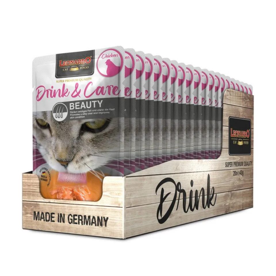 Leonardo Catfood Drink Care Beauty Chicken - fördert seidiges Fell und stärkt die Haut 20x40g, Nassfutter für: Katzen