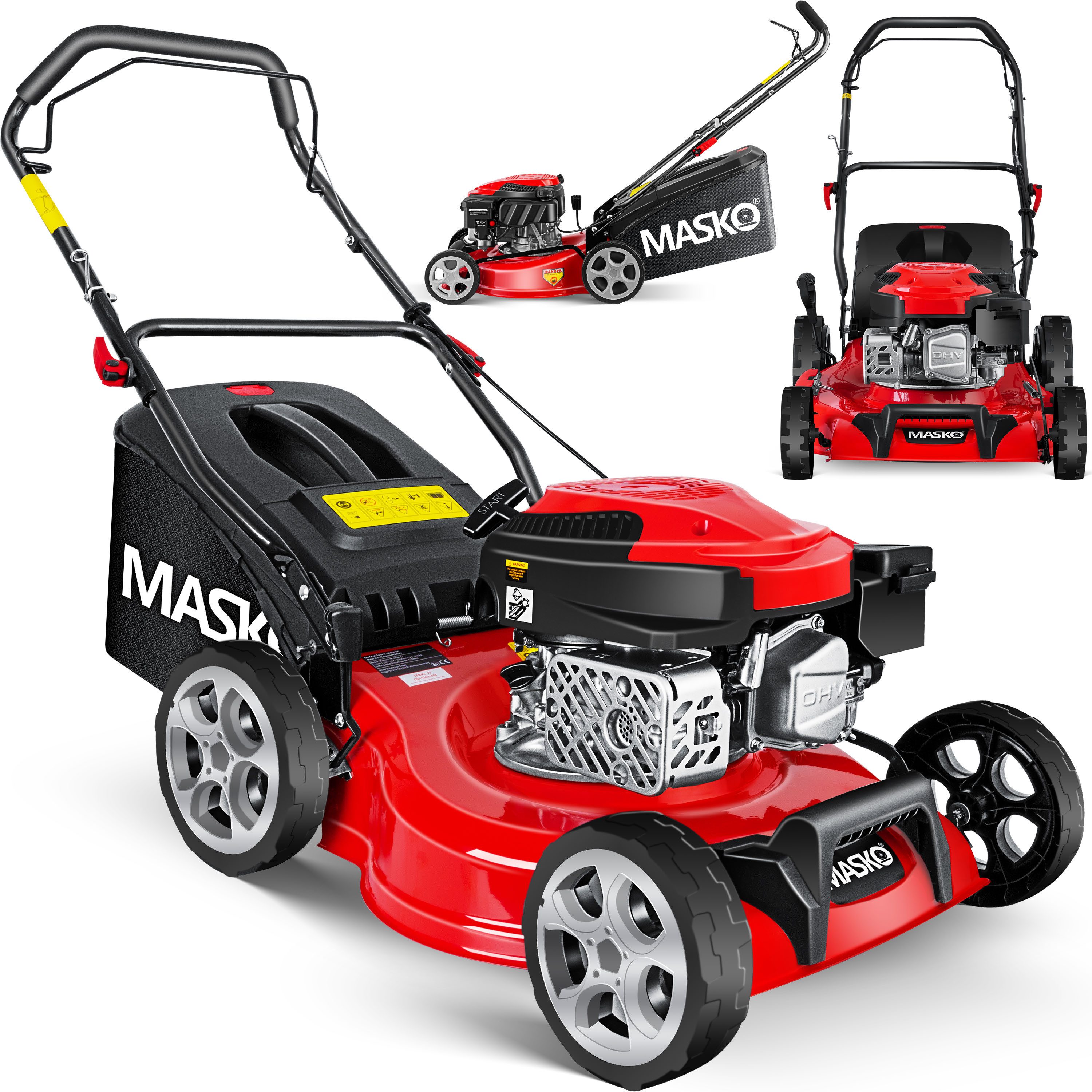 MASKO Benzinrasenmäher, 42 cm Schnittbreite, Rasenmäher mit Radantrieb, 4-Takt-Motor & Mulch-Funktion inkl Fangkorb