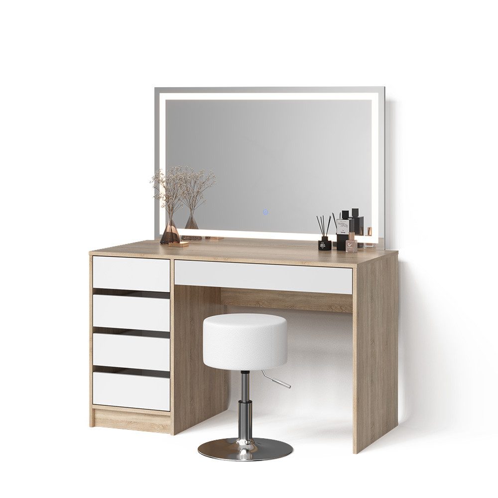 Livinity® Schminktisch Imola, Weiß/Sonoma/Sonoma, mit LED-Spiegel und Hocke günstig online kaufen
