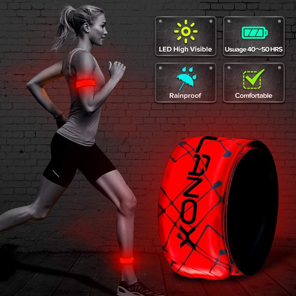 ELANOX LED Blinklicht LED Armband Leuchtband Sport Outdoor Reflektorband Sicherheitslicht 2 x rot mit Batterie