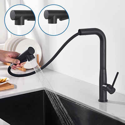 Auralum Küchenarmatur Ausziehbar Wasserhahn Küche Spültischarmatur Einhand Mischbatterie 360° drehbar Schwarz