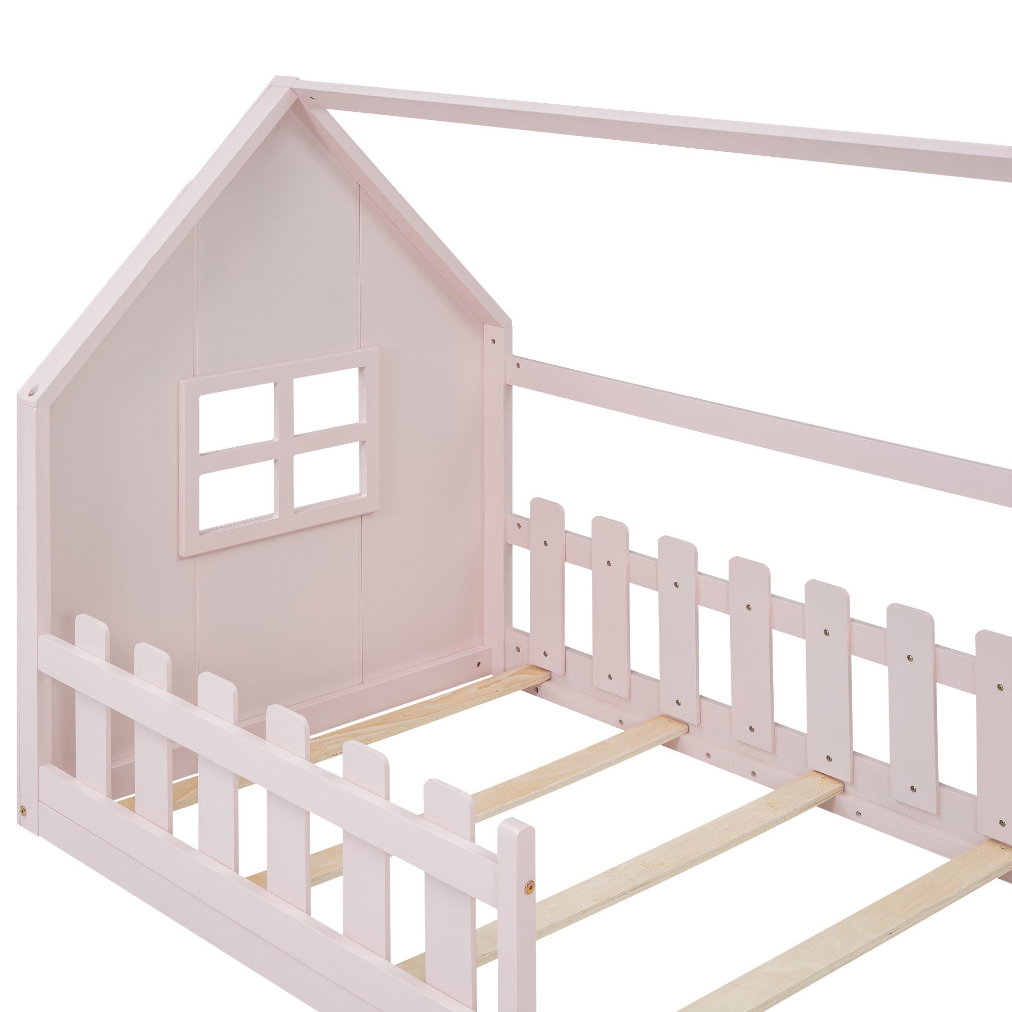 Flieks Massivholzbett, Kinderbett Hausbett Einzelbett 90x200cm mit Lattenrost und Zaun