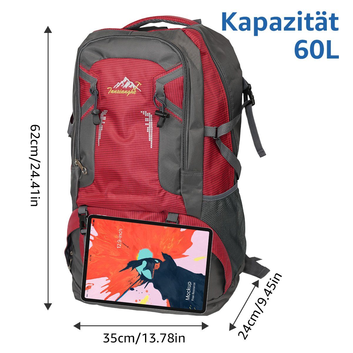 Trekkingrucksack Wanderrucksack, Unisex, Trekking-Rucksack Camping, 7Magic für Reiserucksack Hochtourenrucksack XXL Wasserdicht Rot 60L