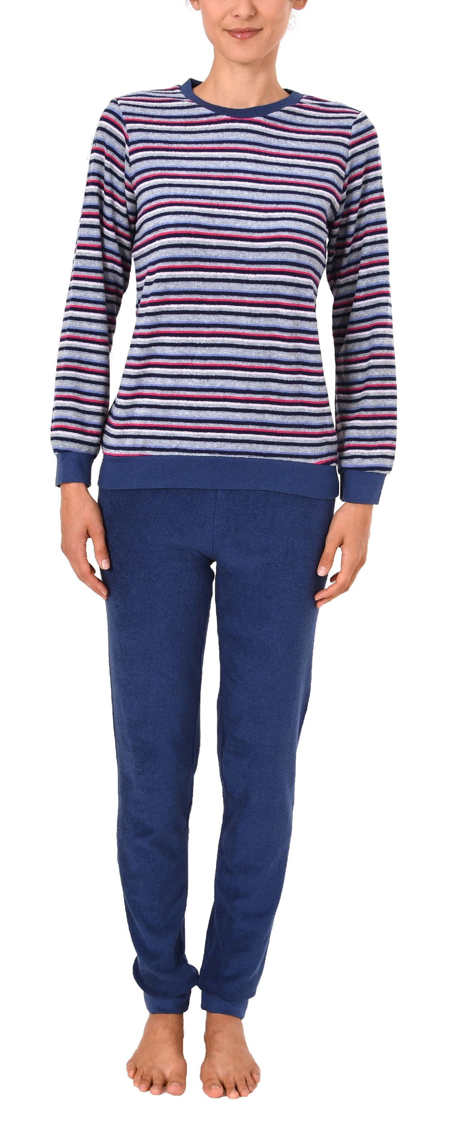 Normann Pyjama Damen Frottee Pyjama lanf+g mit Bündchen und modischen Ringeln blau