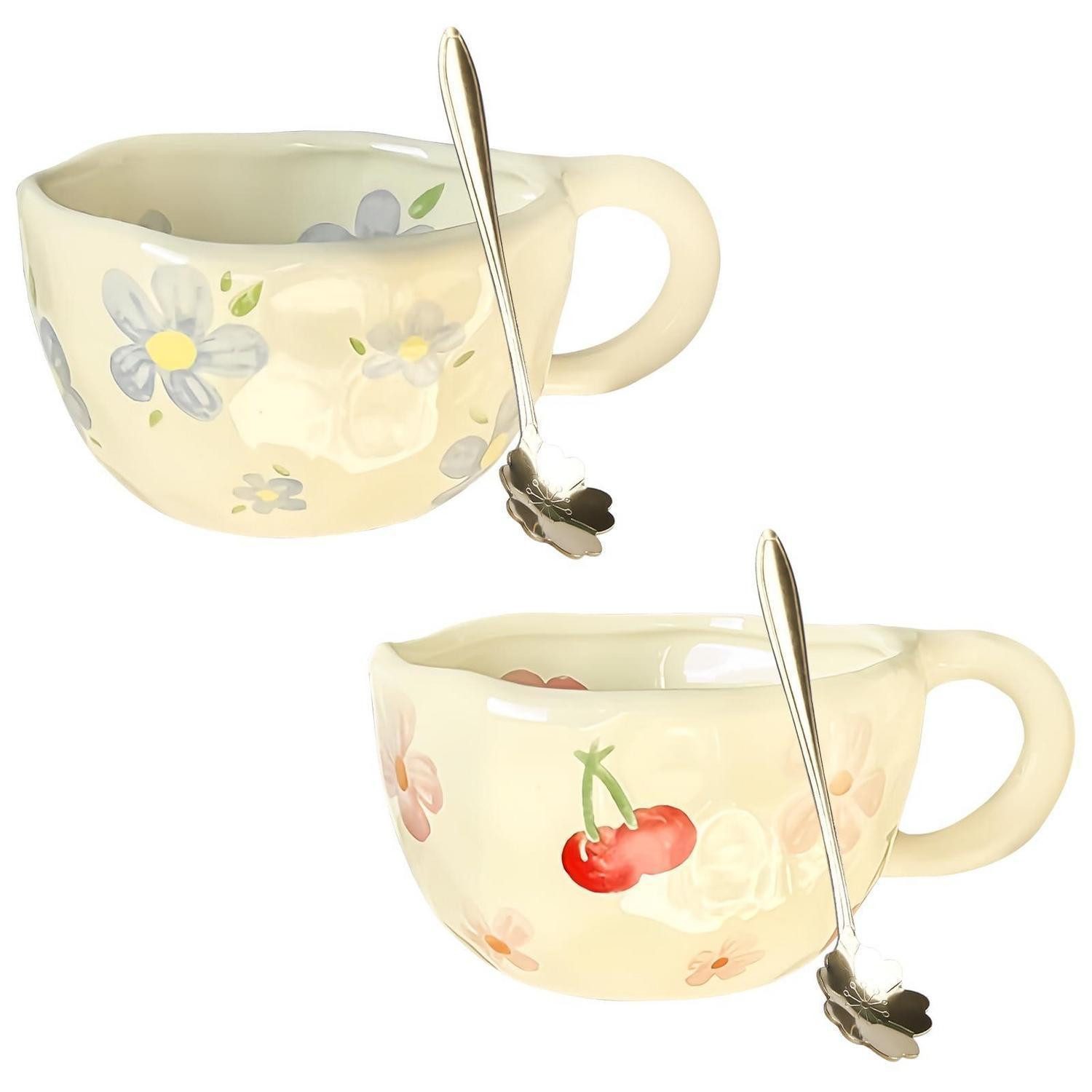 LuxusKollektion Tasse 2er Set Teetassen 300ml Blumen Blau/Pink mit Löffel, Keramik