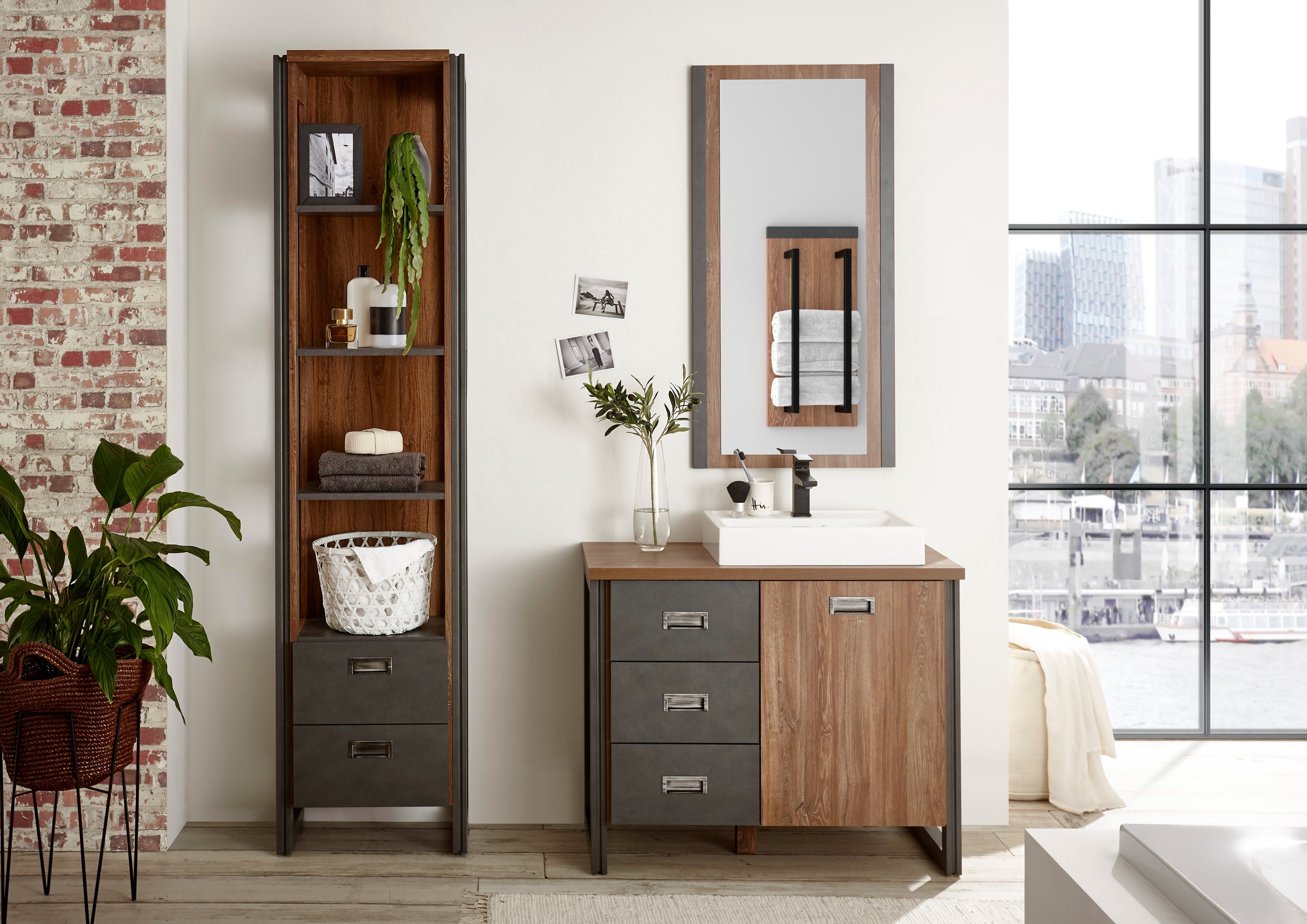 Home affaire Badmöbel-Set Detroit, Bad im Industrialdesign, 3-teiliges Badezimmer, (Set, 3-St), Waschtisch, Regal & Spiegel, inkl. Aufsatzwaschbecken aus Mineralguss