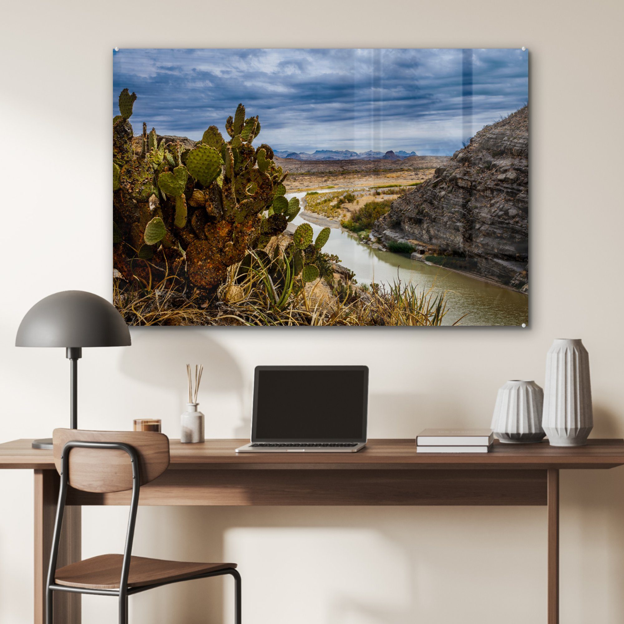 imposanten im St), MuchoWow Acrylglasbild und Ein ein Acrylglasbilder Kaktus Himmel unter & Fluss einem Schlafzimmer Big Bend, (1 Wohnzimmer