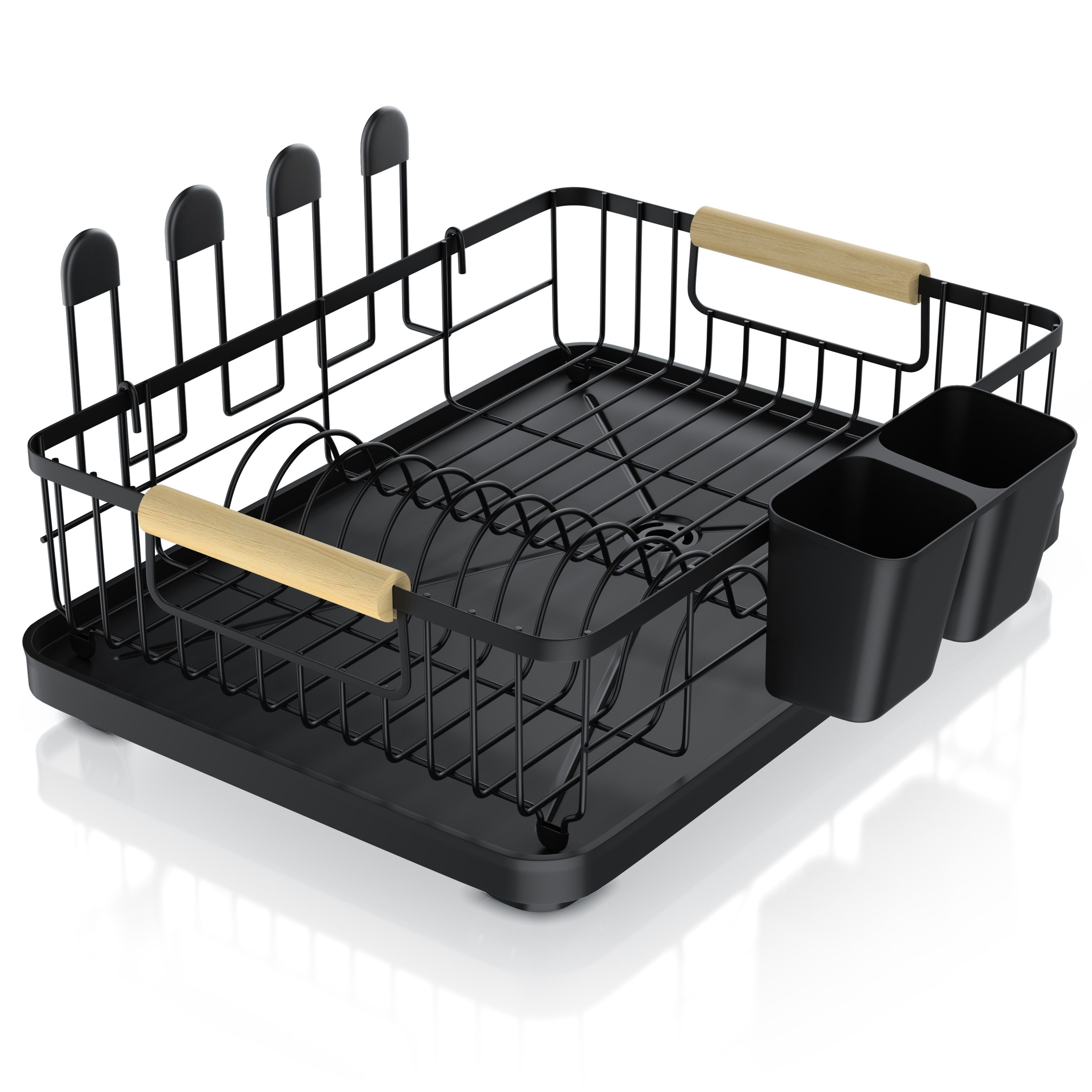 Arendo Geschirrständer Abtropfgestell, Metall, Holzgriffe, 4-fach Glashalter, 360° Ablauf, Besteckhalter, Abtropfschale, platzsparend, selbstentwässernd