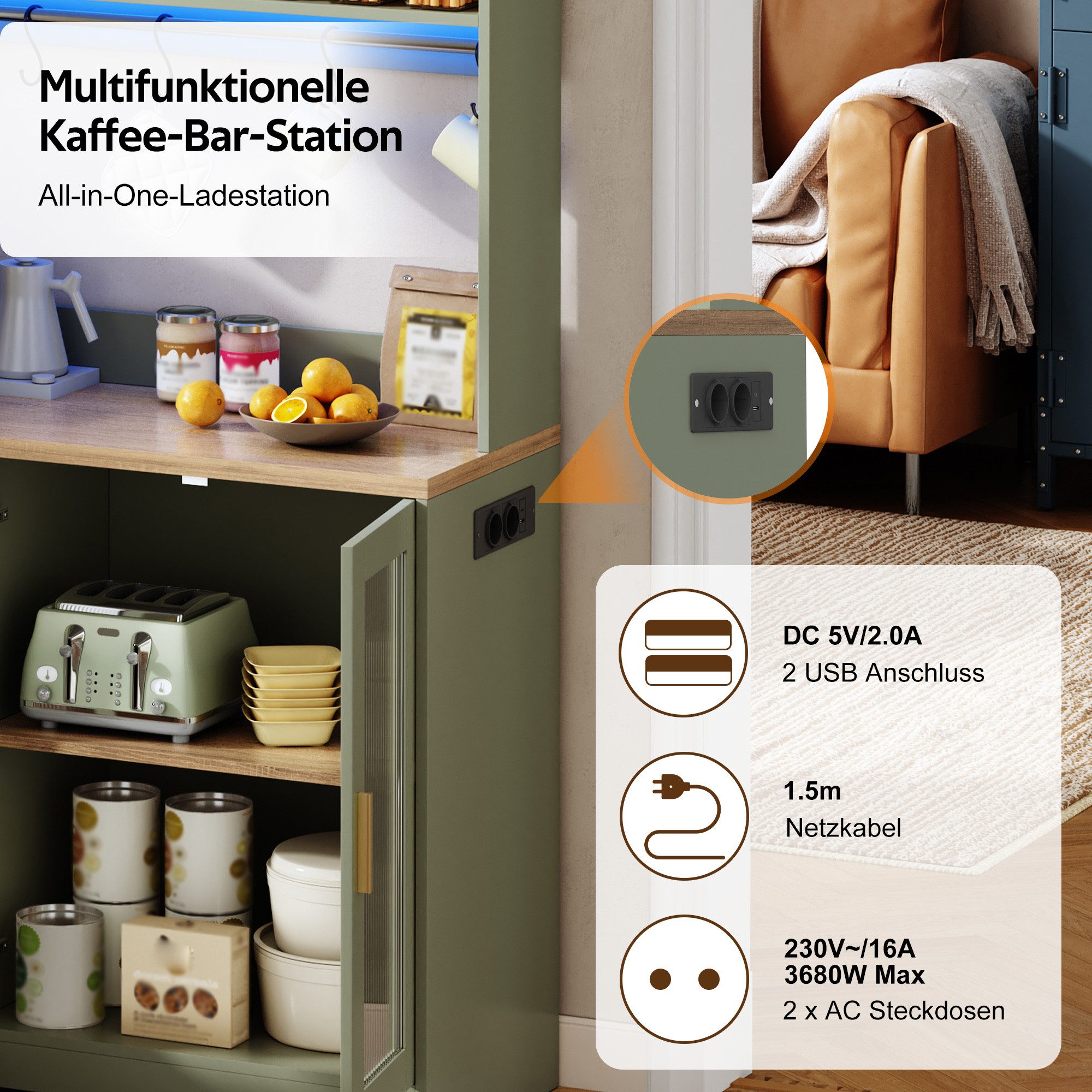 Celya Hochschrank Küchenschrank Küchenregal mit Steckdose und RGB-Beleuchtung (mit Tür aus Sicherheitsglas, Weinregal, verstärkter Arbeitsplatte)
