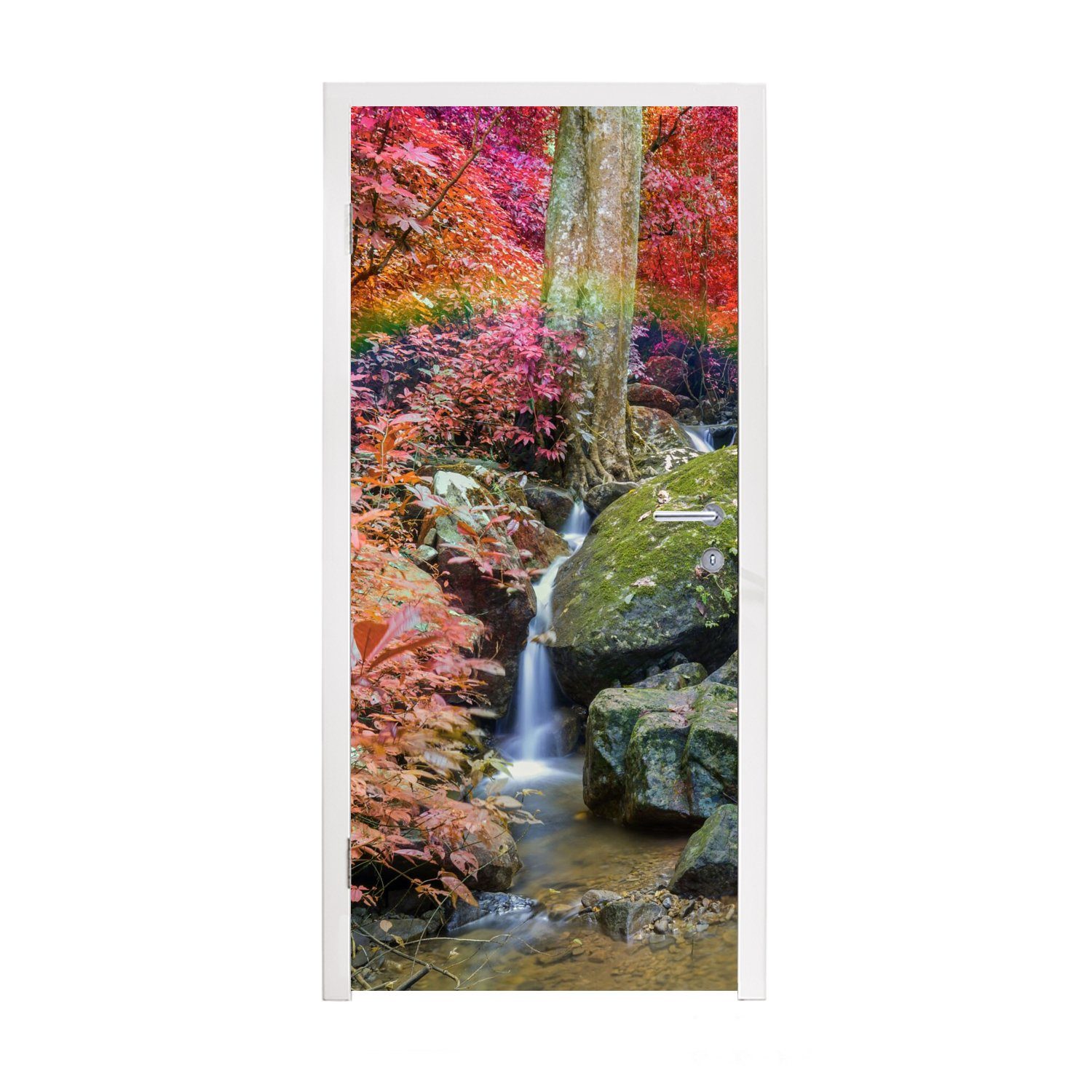 MuchoWow Türtapete Regenbogen - - St), Matt, bedruckt, Moos, Wasserfall Türaufkleber, für 75x205 (1 - Fototapete cm - Steine Bäume Tür
