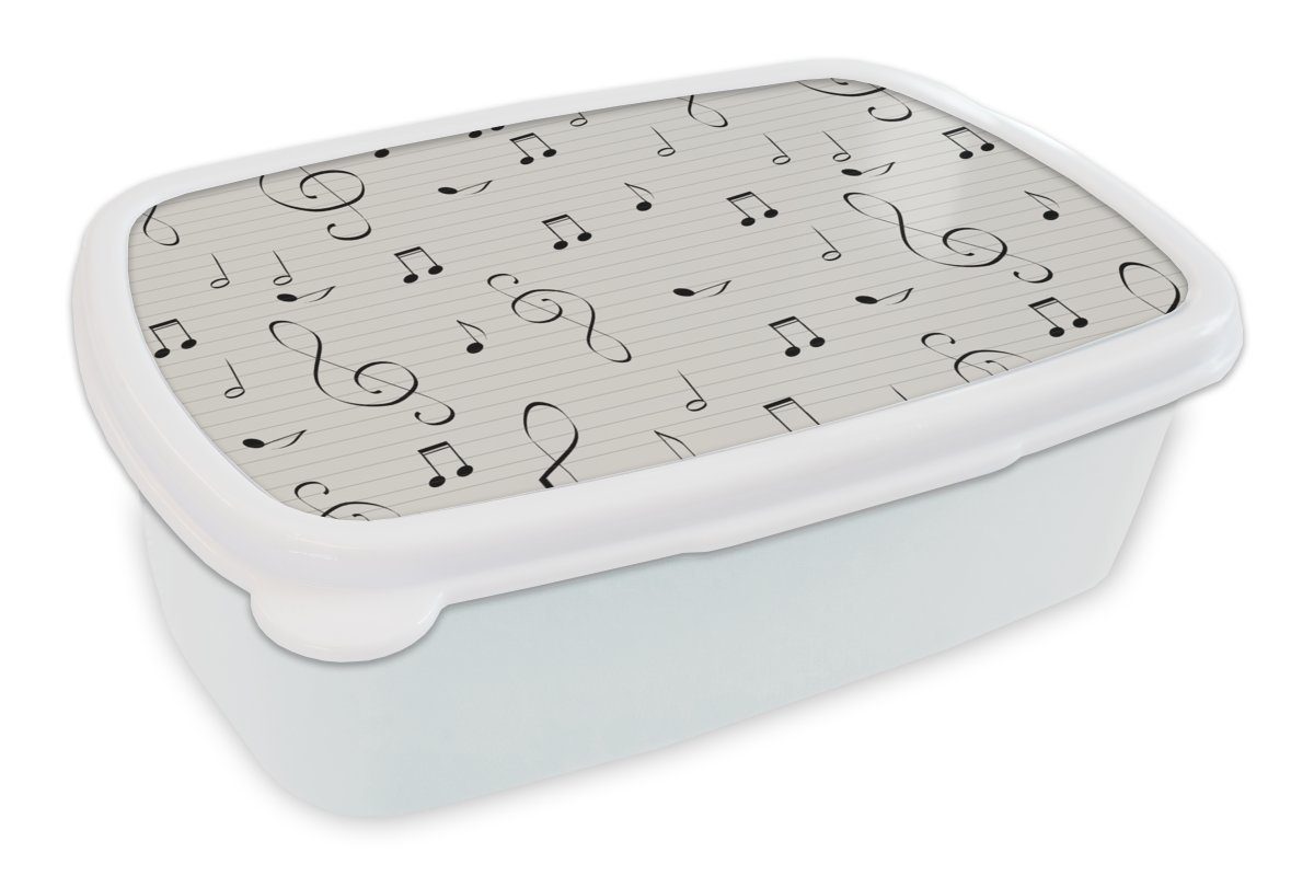 MuchoWow Lunchbox Noten - Muster - Musik, Kunststoff, (2-tlg), Brotbox für Kinder und Erwachsene, Brotdose, für Jungs und Mädchen weiß