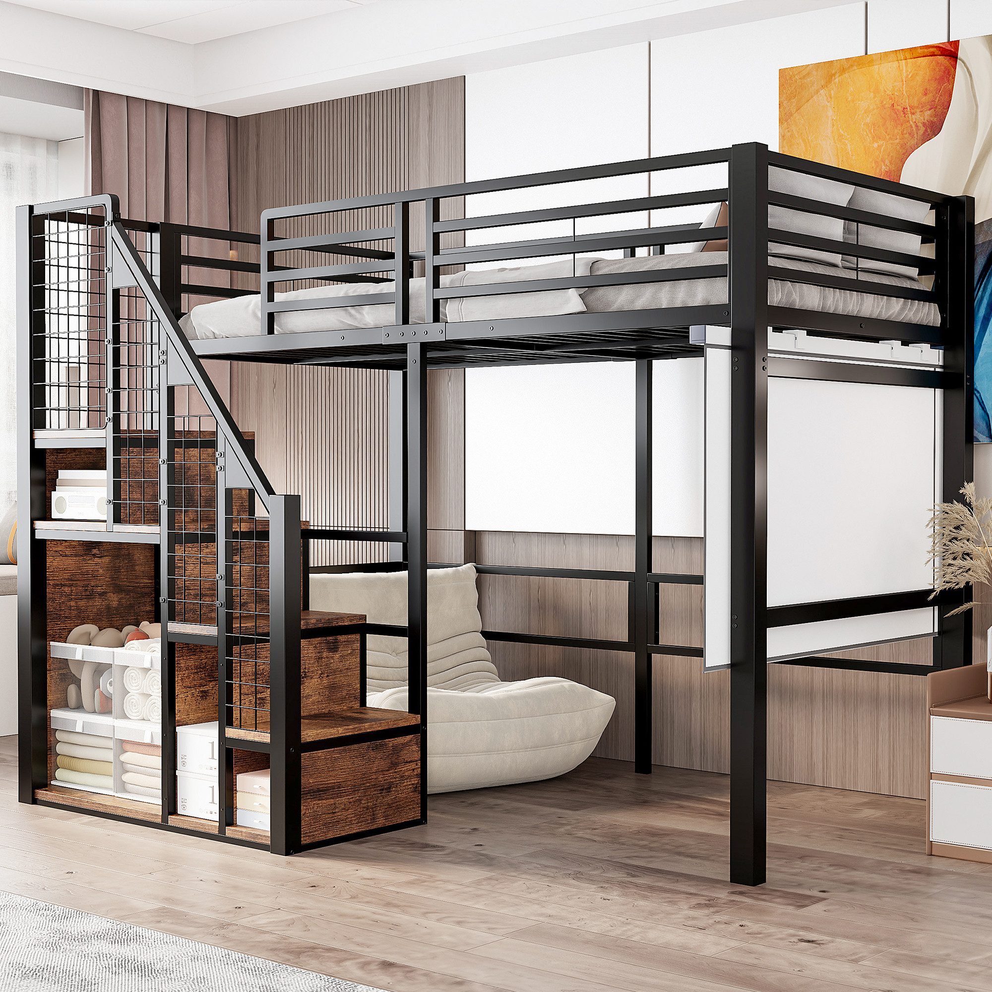 Flieks Hochbett Einzelbett Kinderbett Metallbett 90x200cm mit Stauraumtreppe