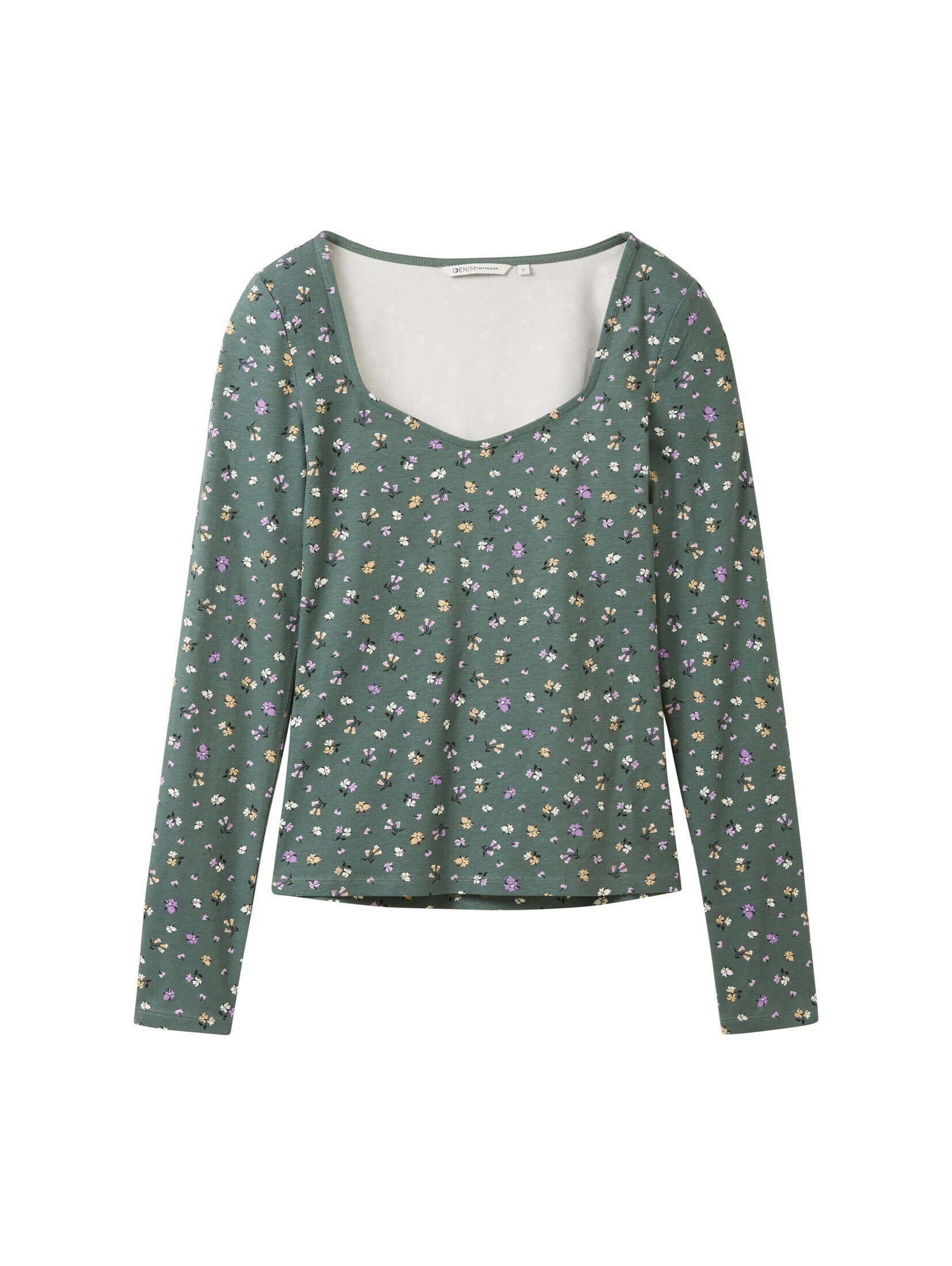 Denim Langarmshirt flower Ausschnitt TOM print small Langarmshirt TAILOR Karree mit green