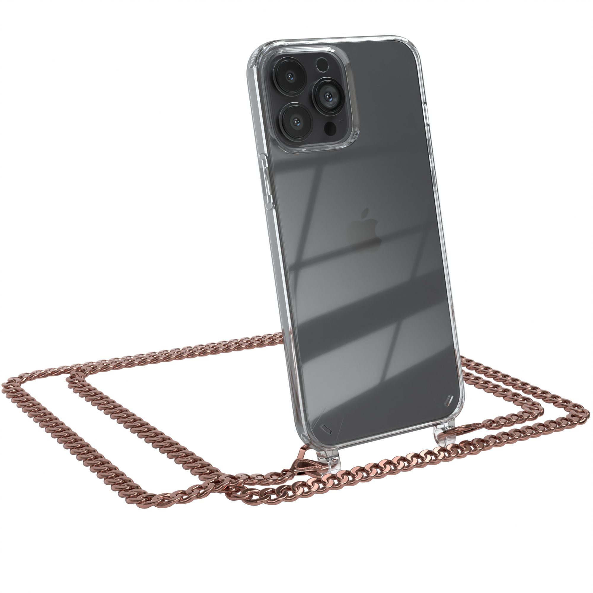 EAZY CASE Handykette 2in1 Metallkette für Apple iPhone 13 Pro Max 6,7 Zoll, Silikonhülle Transparent Smartphonekette für Unterwegs Ketten Rose