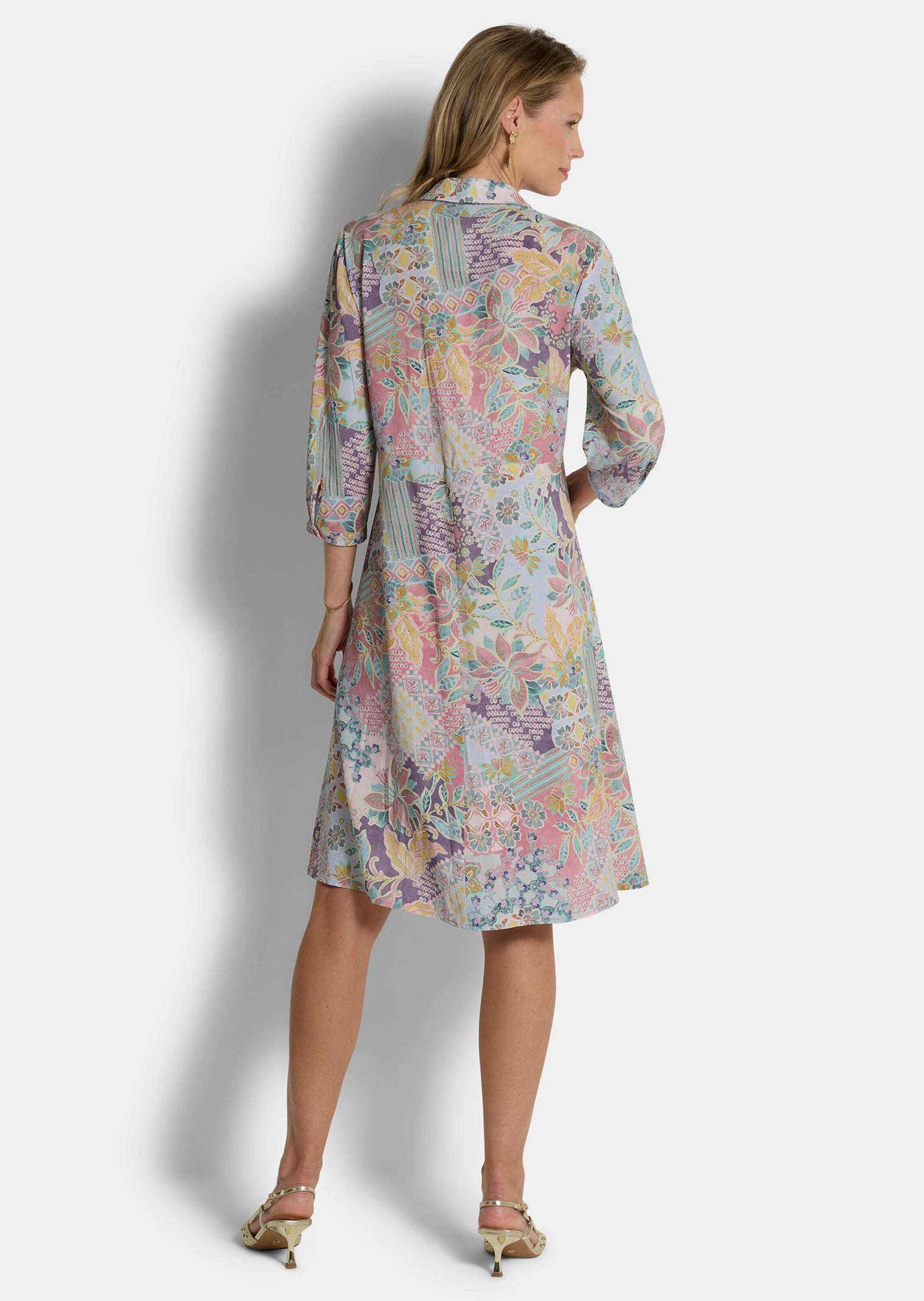 GOLDNER Sommerkleid Elegantes Viskosekleid mit Patch-Muster Midikleid mit Hemdkragen, Knopfleiste, Taschen, Knielänge und Halbarm