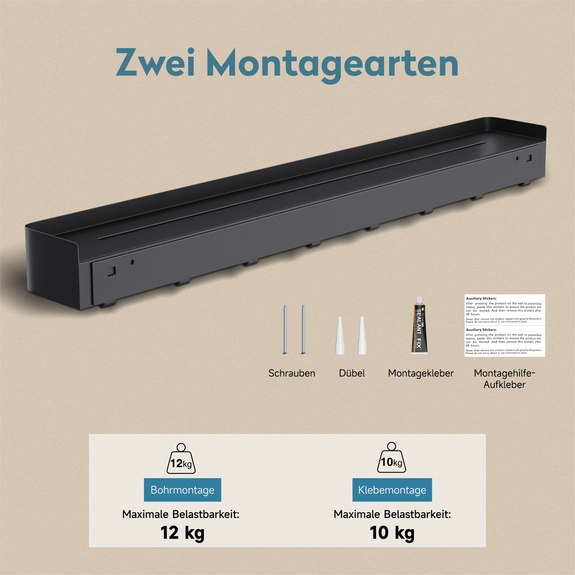 doporro Garderobenleiste Wandgarderobe Hakenleiste mit Ablage aus Kohlenstoffstahl Reglo-05 (4 St), Kombination aus Ablagefläche und unteren Haken – Bild 4 von 5