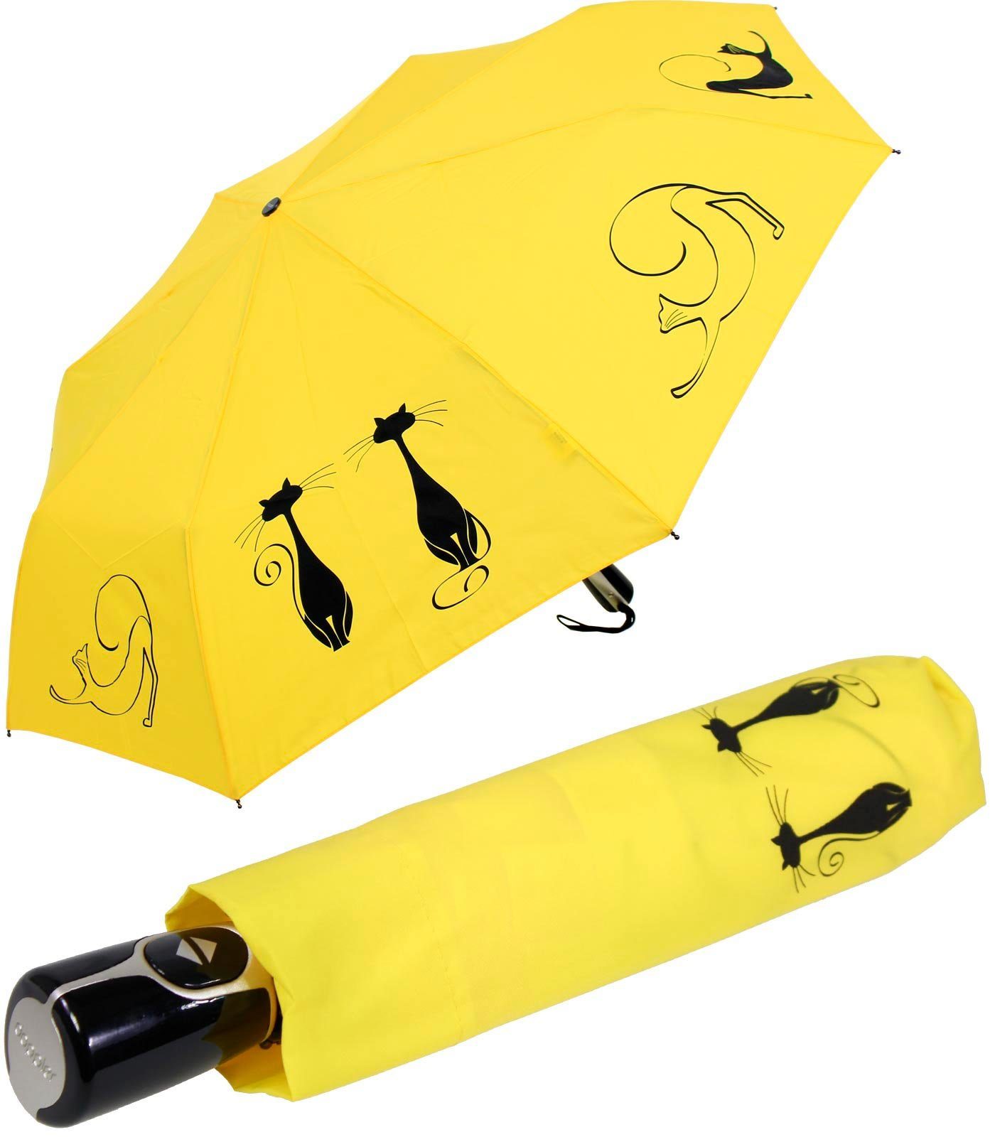 doppler® Taschenregenschirm Damen Auf-Zu Magic Fiber - Cats Best Friends, für Katzen-Liebhaber - elegant, stabil und praktisch gelb