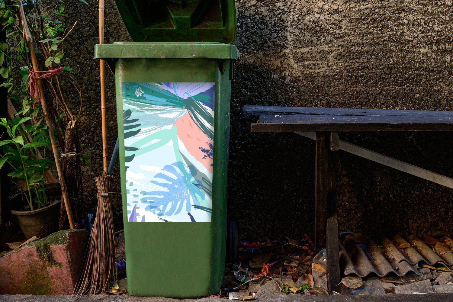 - MuchoWow Sticker, Container, Mülltonne, Grün - Sommer Blau - Abfalbehälter (1 St), Laub Mülleimer-aufkleber, Wandsticker