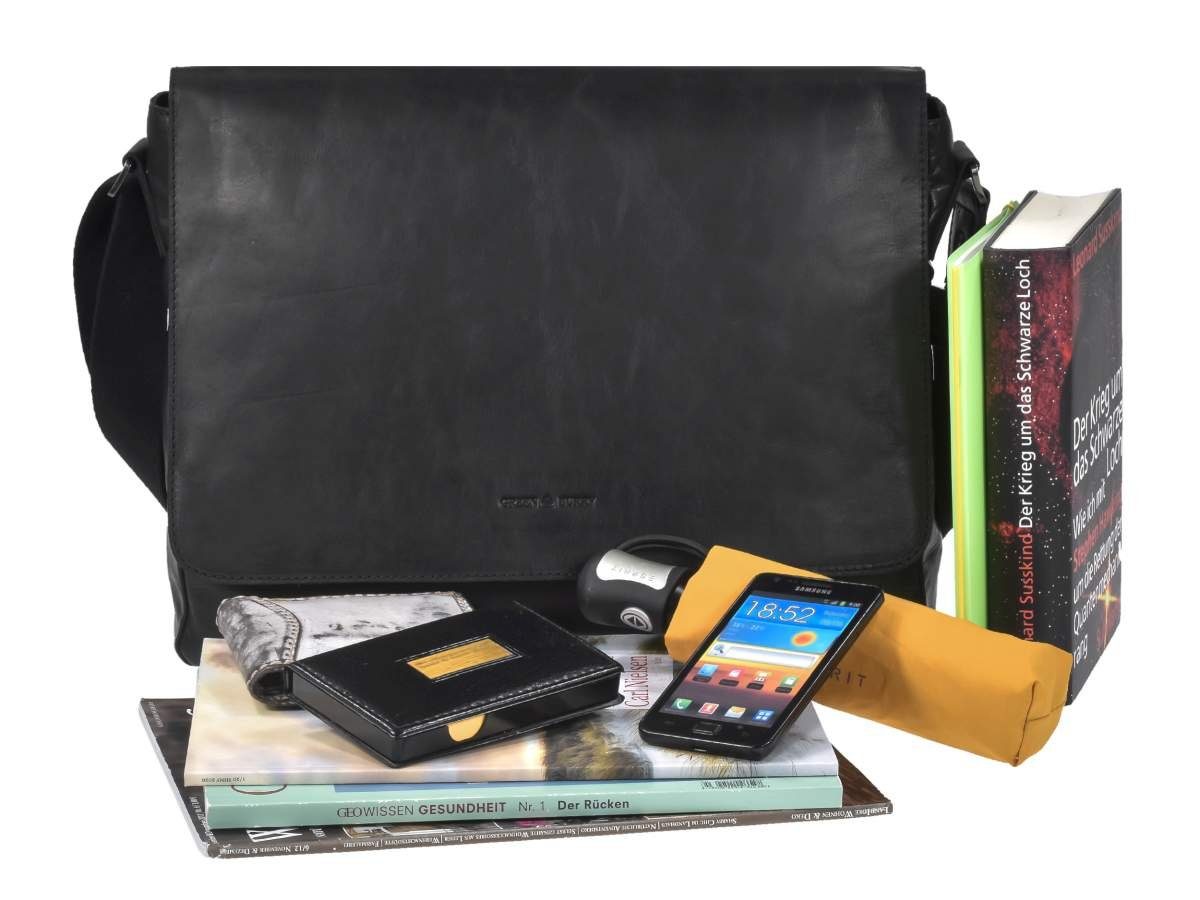 Greenburry Umhängetasche Pure Black, Schultertasche 38x27cm, Messengerbag, Damen Herren