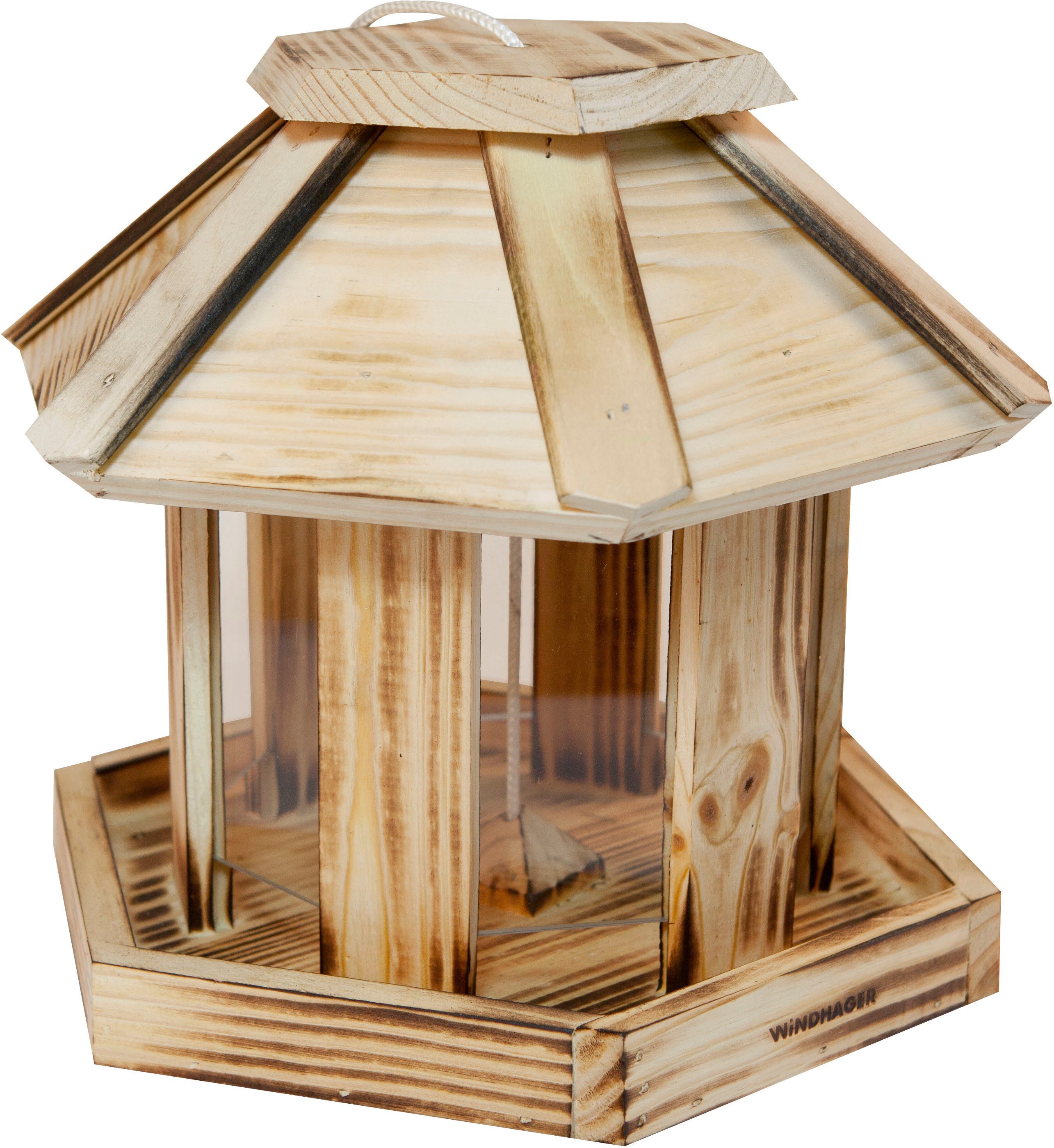 Windhager Vogelhaus Wilder Kaiser, Vogelfuttersilo aus Echtholz, Futterstation inkl. Aufhängung und Sitzmöglichkeit, Füllvolumen 3l
