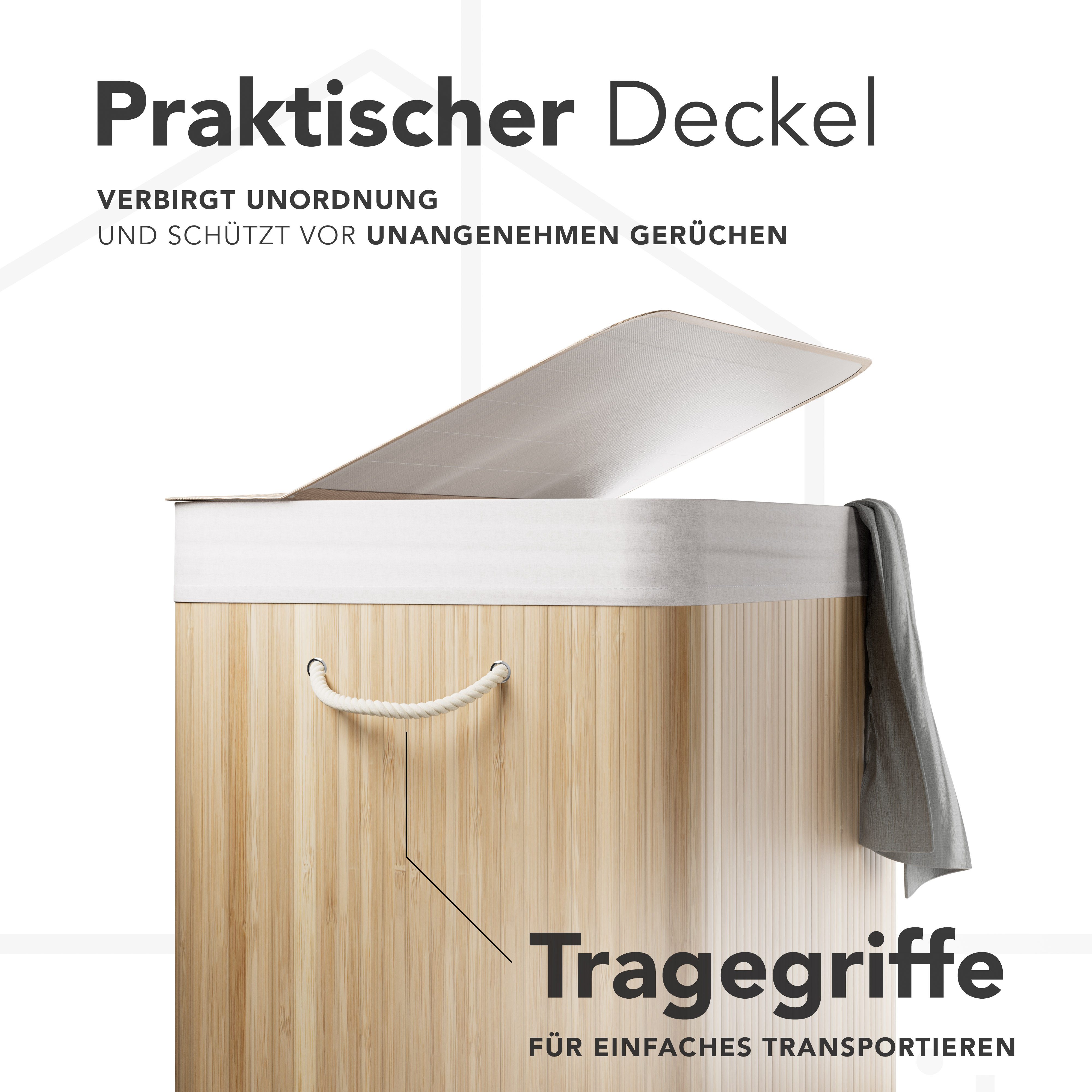 New Habitat Wäschekorb Bambus Wäschekorb 3 Fächer, 150L Wäschesammler mit Deckel & Sack