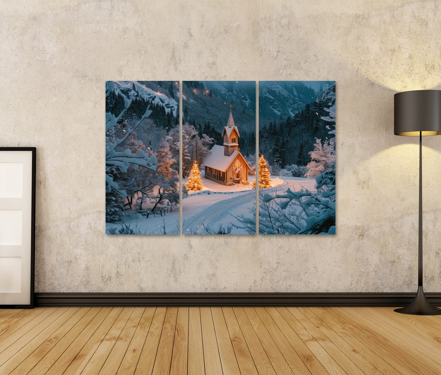 islandburner Leinwandbild Winterliche Kapelle im Schnee mit festlicher Beleuchtung - Leinwand