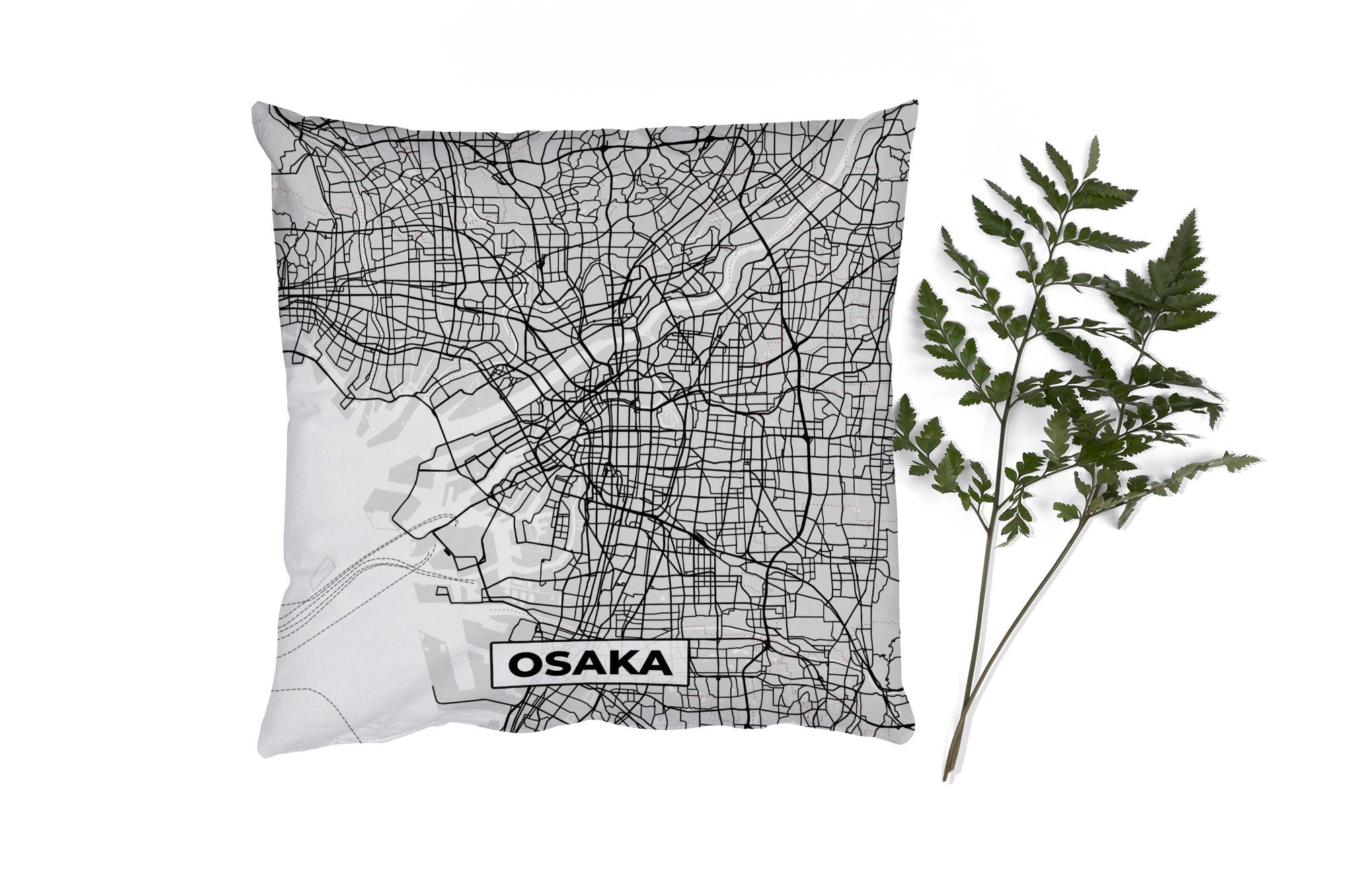 MuchoWow Dekokissen Osaka - Stadtplan - Schwarz und weiß - Karte, Zierkissen mit Füllung für Wohzimmer, Schlafzimmer, Deko, Sofakissen