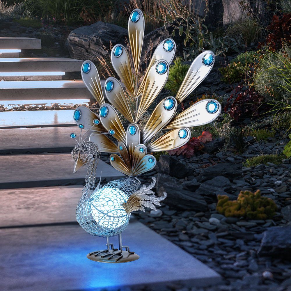 GLOBO LIGHTING LED Dekofigur, LED-Leuchtmittel fest verbaut, LED Solar Außen Deko Leuchte Garten Figur Pfau Dekorsteine Rasen Lampe